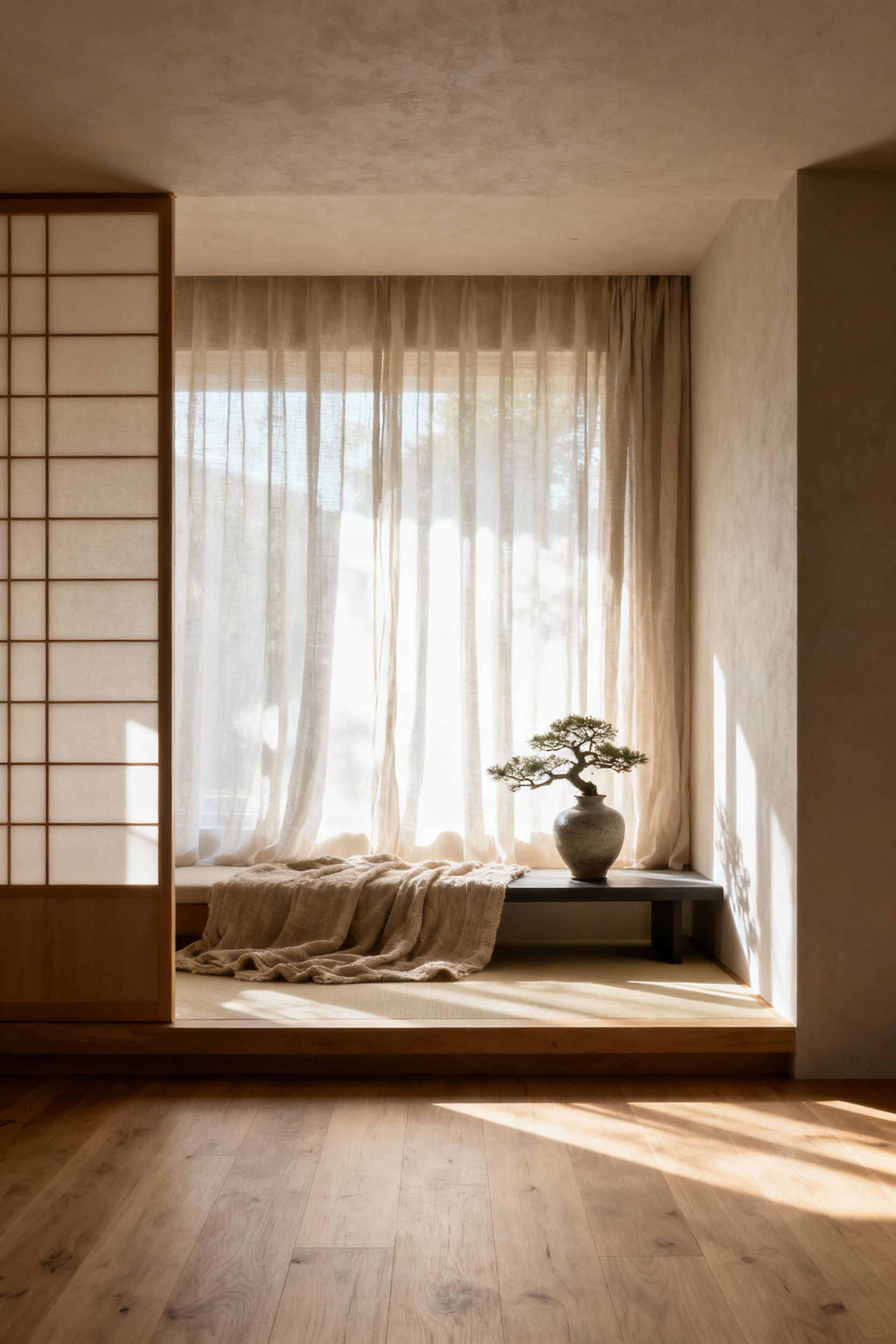Minimalist living room interior featuring large windows with sheer linen curtains or shoji screens diffusing natural light, creating a serene, luminous ambiance with soft reflections on light-toned walls and natural wood floors, no people.