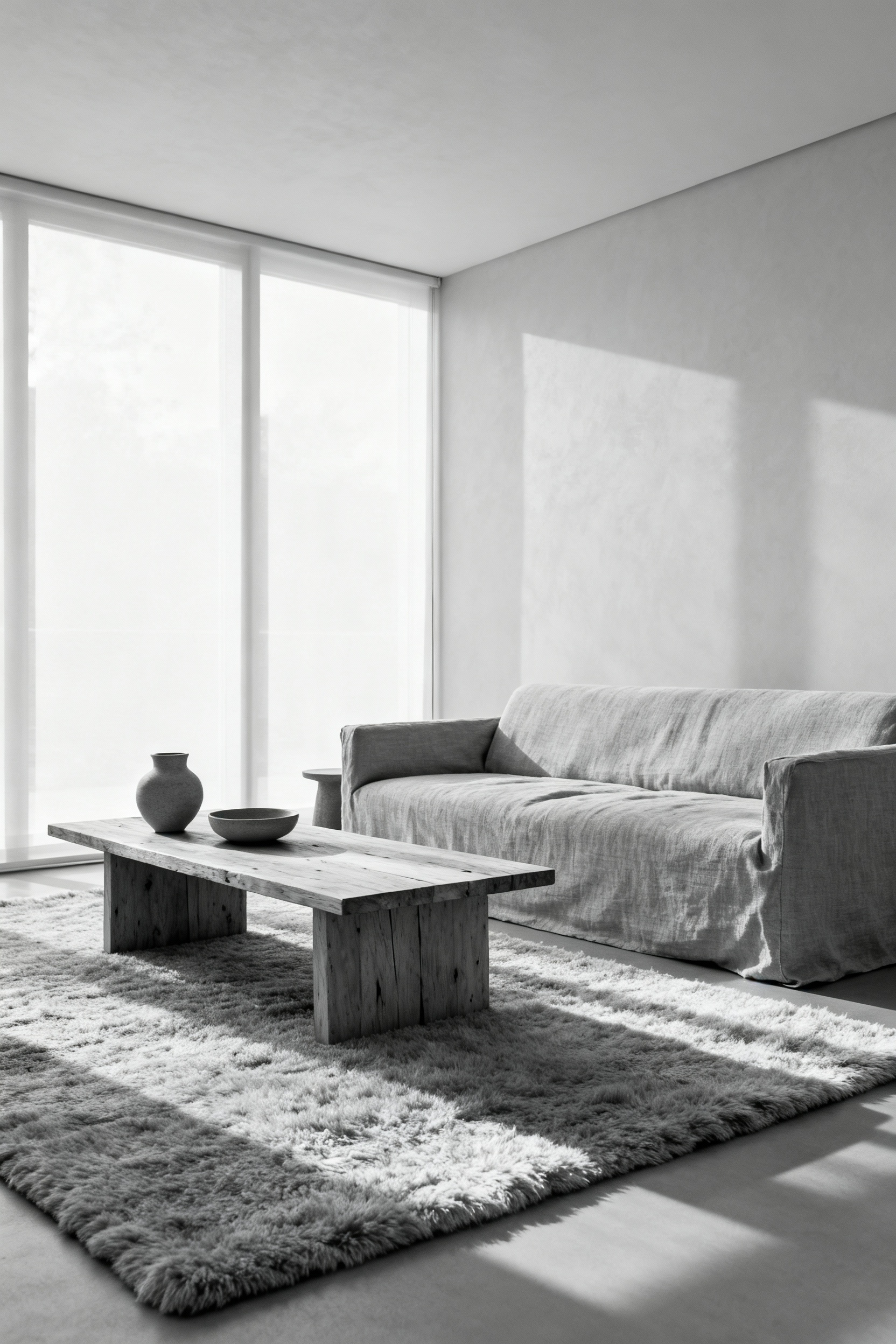 Serene monochromatic living room interior with varying grey textures, natural light, and intentional negative space, fostering visual cohesion.