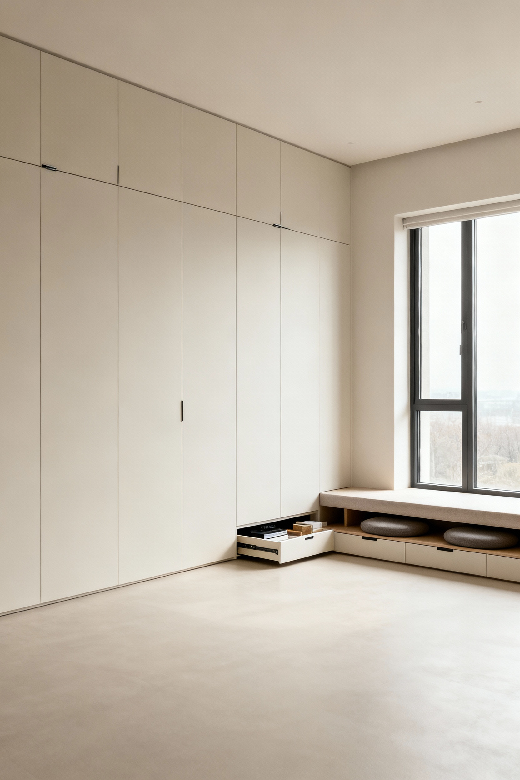 A modern minimalist living room featuring full-wall, flush-panel, handle-less white cabinetry designed for concealed integrated storage, creating a serene and uncluttered space with natural light.
