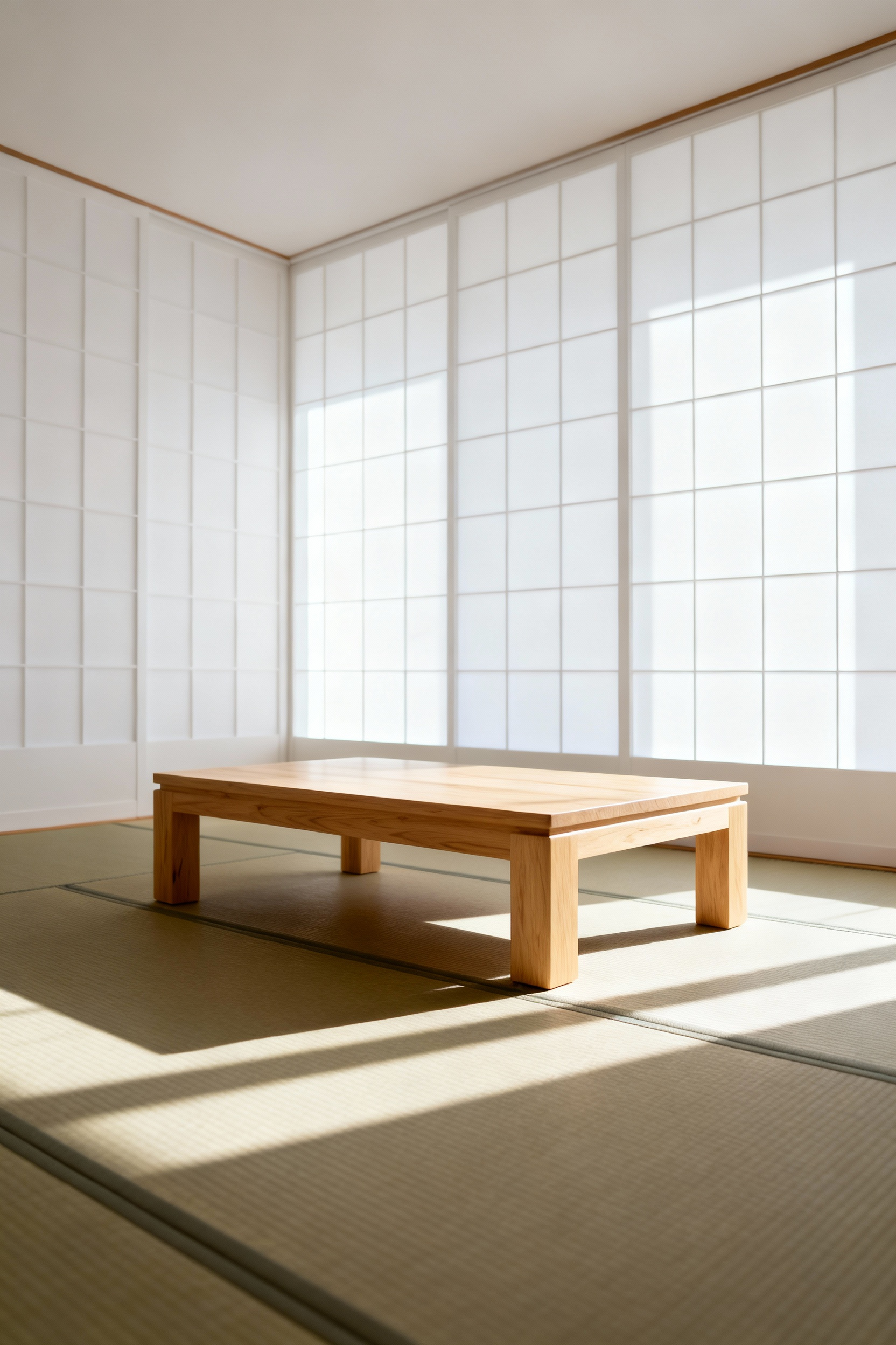 Minimalist living room designed with Ma principle, featuring a hinoki cypress table, tatami mats, and uncluttered shoji screens, emphasizing serene negative space and natural light.