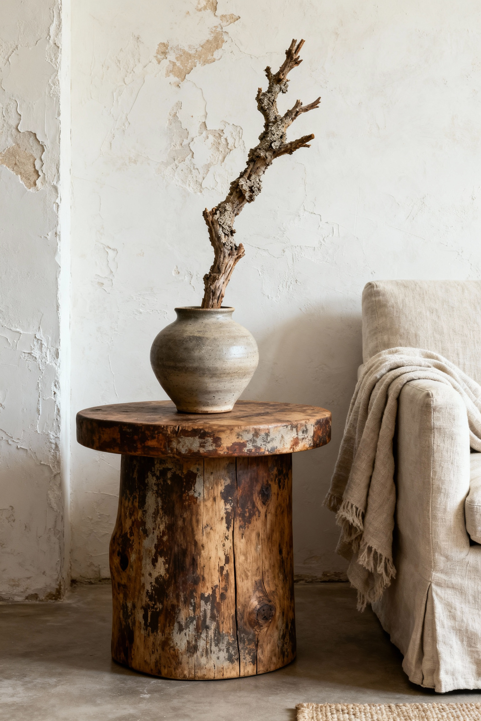 Wabi-Sabi living room vignette with an aged wooden side table, handcrafted ceramic vase with a natural branch, and an unbleached linen armchair against a textured wall.