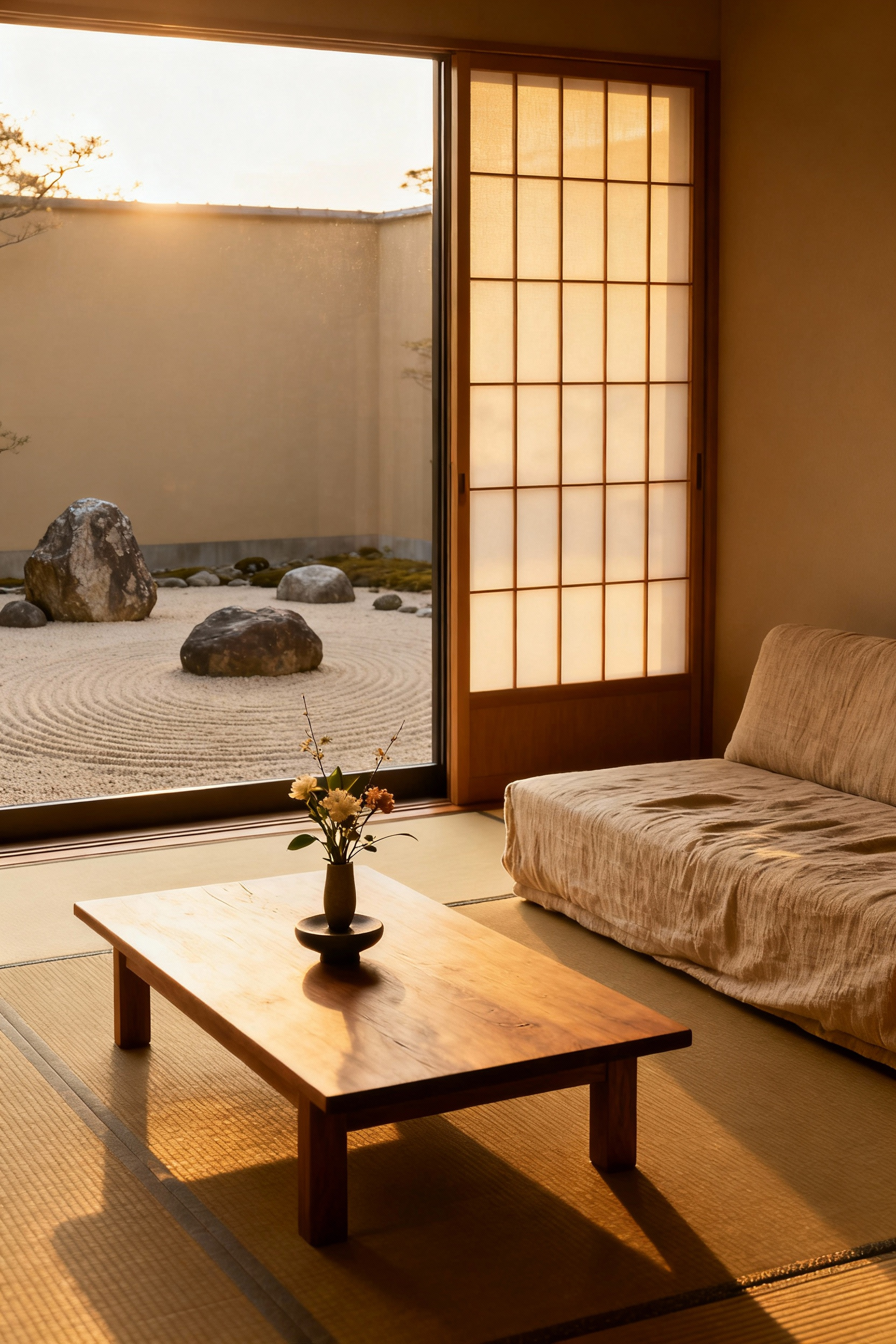 A minimalist living room reflecting Seijaku, with tatami mats, low furniture, and natural light overlooking a serene rock garden, conveying active calm.