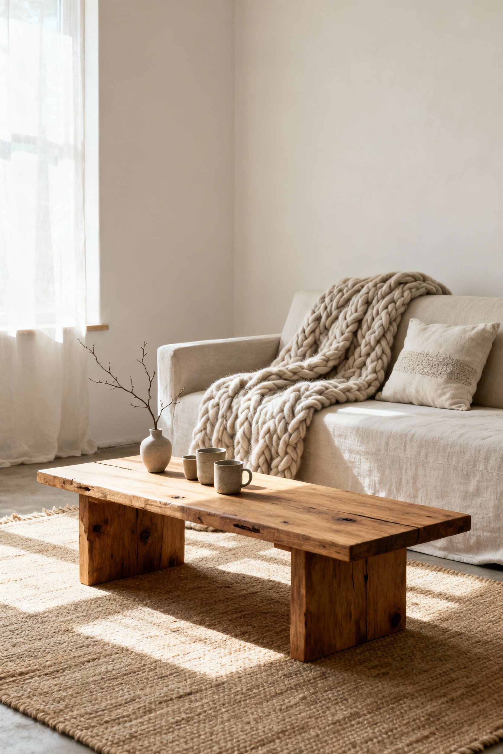 Living room with unfinished oak coffee table, linen sofa with wool throw, and natural fiber rug under soft natural light, highlighting Wabi-sabi aesthetic.