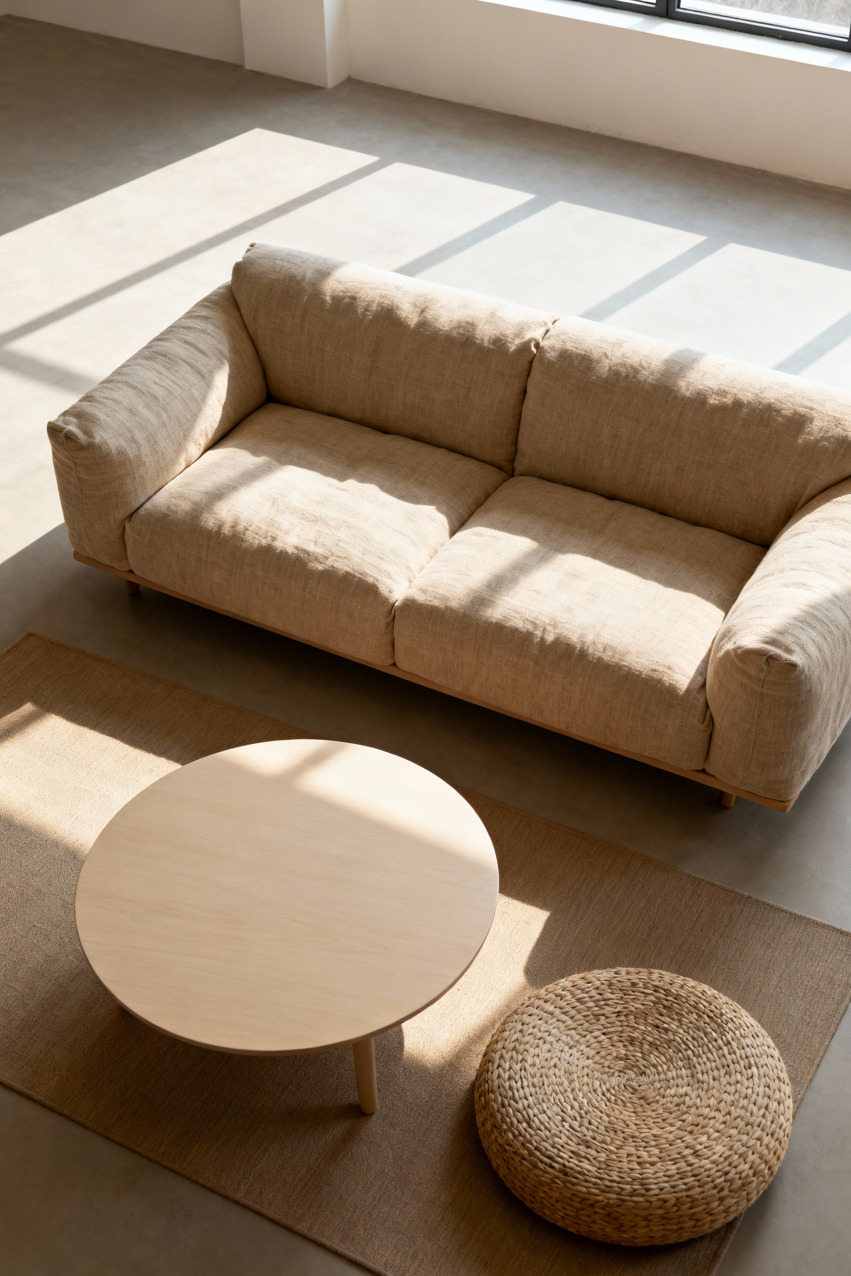 A minimalist living room focusing on ergonomic comfort with low-profile seating, warm natural materials, and soft lighting, designed for tranquil well-being and functional aesthetics.