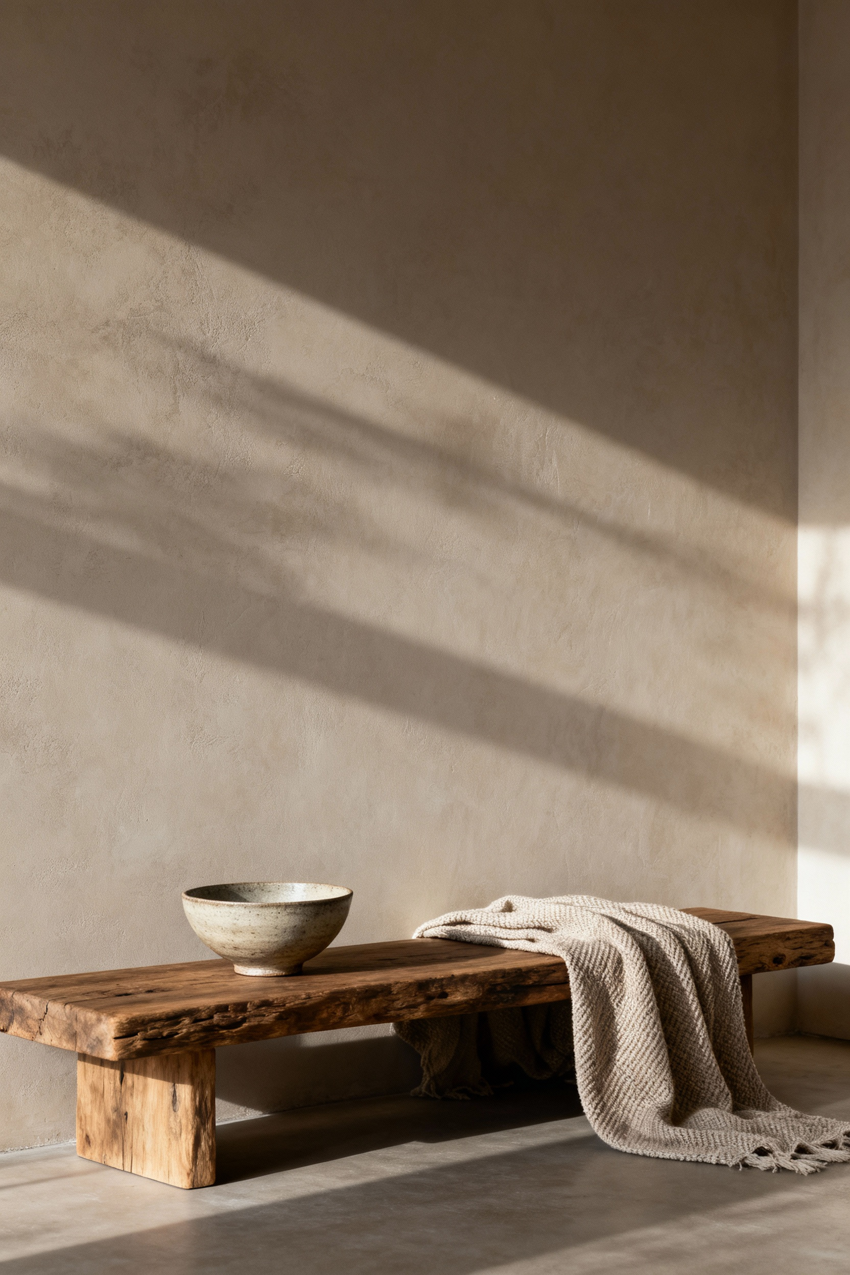 A minimalist living room corner embodying Shibumi aesthetic with natural wood, handcrafted ceramic, soft linen, and diffused natural light, creating a serene, understated beauty.