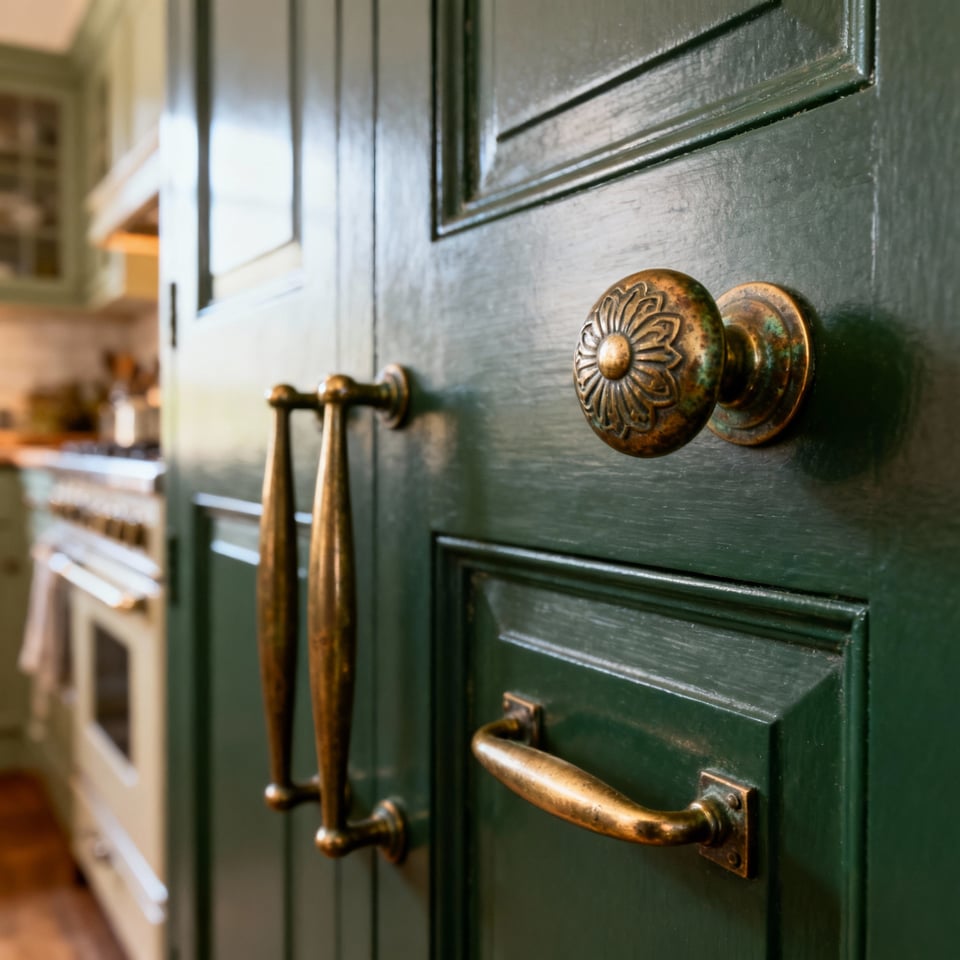 Close-up of elegant unlacquered brass Georgian cabinet hardware on a deep forest green painted cabinet, highlighting intricate detailing and historical patina for period authenticity in a kitchen setting.