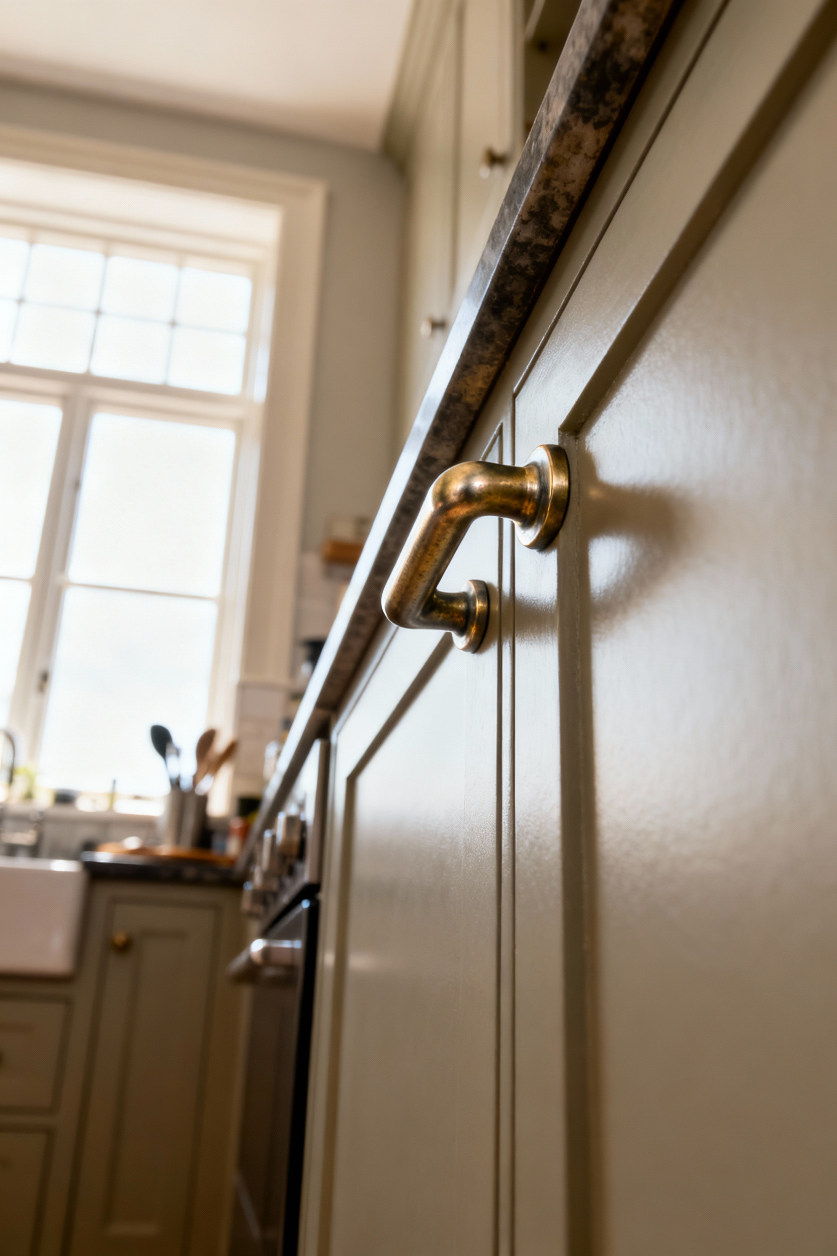 Close-up of a robust, solid brass kitchen cabinet pull featuring a slight, elegant patina, illustrating durable kitchen hardware meticulously chosen for high-traffic environments. Professional photography.