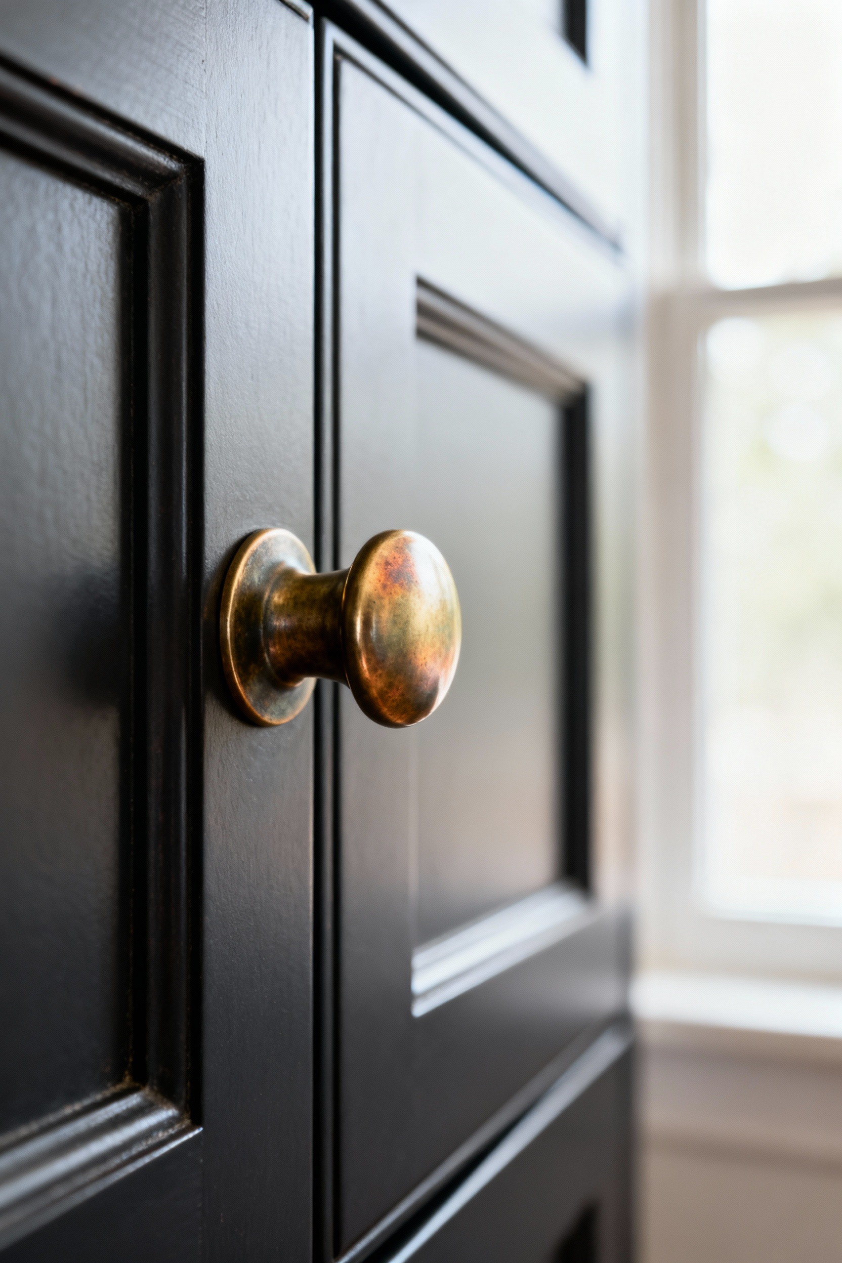 Close-up of a patinated unlacquered brass cup pull on a dark kitchen cabinet, showing rich, evolving textures and tones, highlighting the beauty of its living finish.