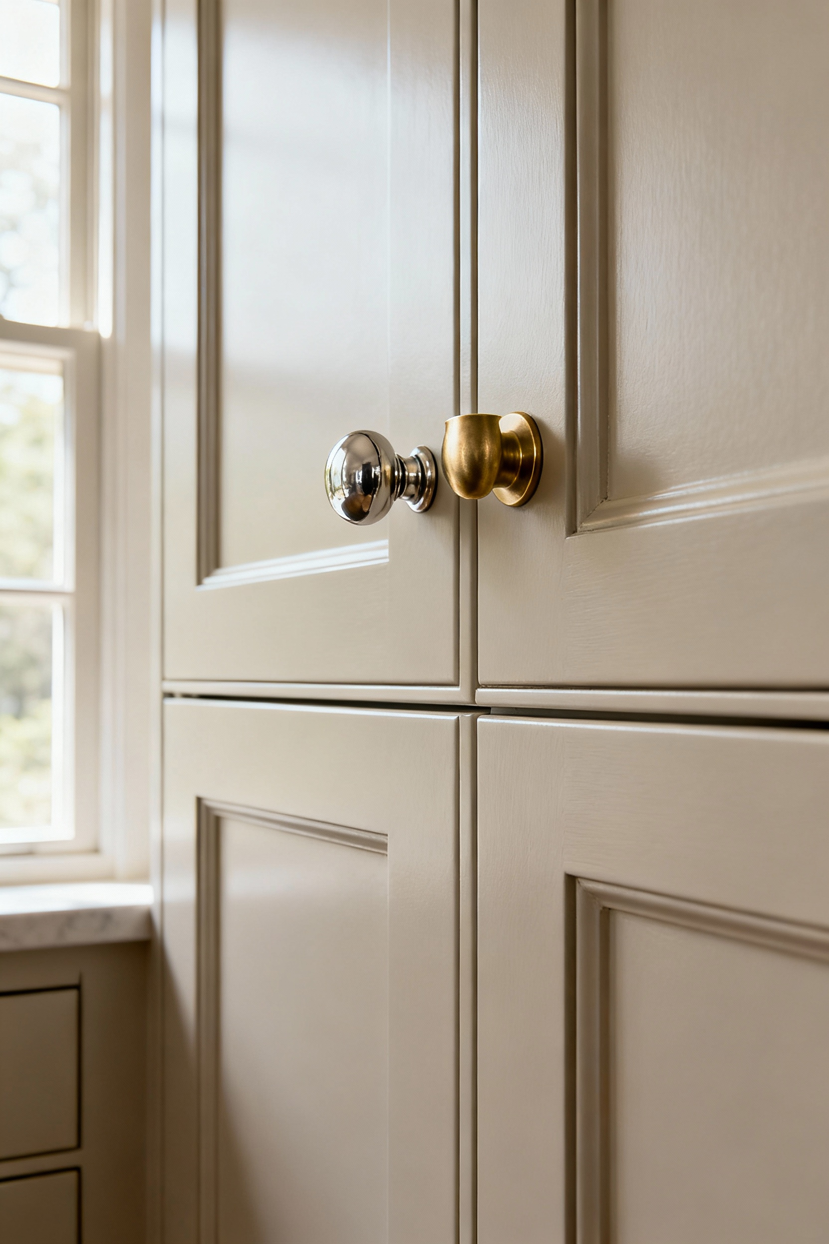 Elegant polished nickel knob and unlacquered brass cup pull on classic kitchen cabinets, demonstrating timeless kitchen cabinet hardware design.