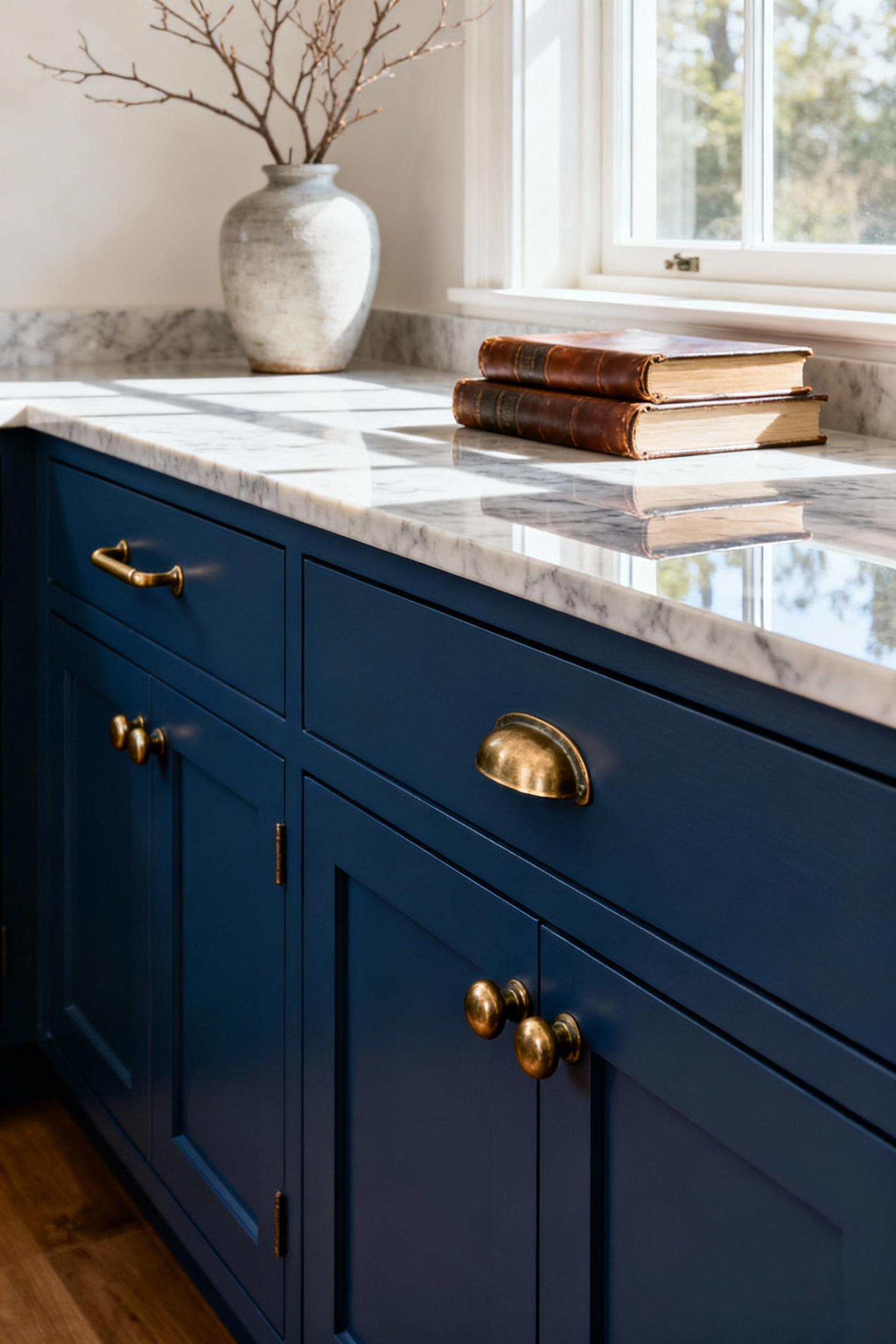 Elegant unlacquered brass cup pulls and knobs on deep blue Shaker kitchen cabinets, embodying a heritage-integrated lifestyle with polished countertops and minimal, tasteful decor.