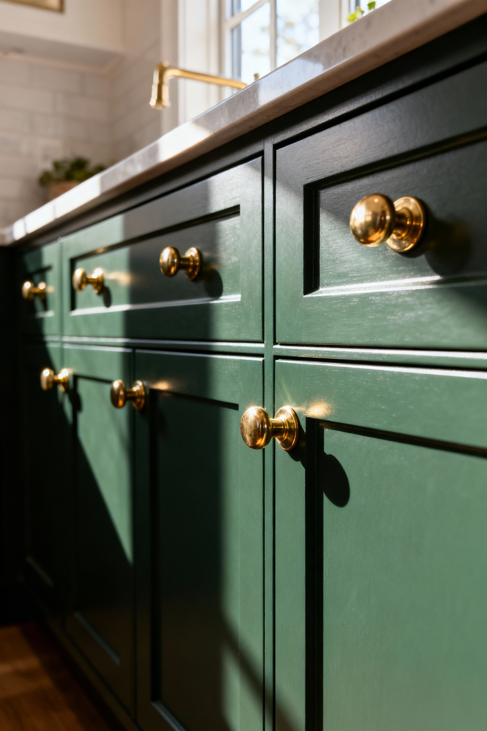 Elegant kitchen with solid brass pull handles on deep green shaker cabinets, demonstrating the subtle yet profound impact of quality kitchen cabinet hardware on overall design.