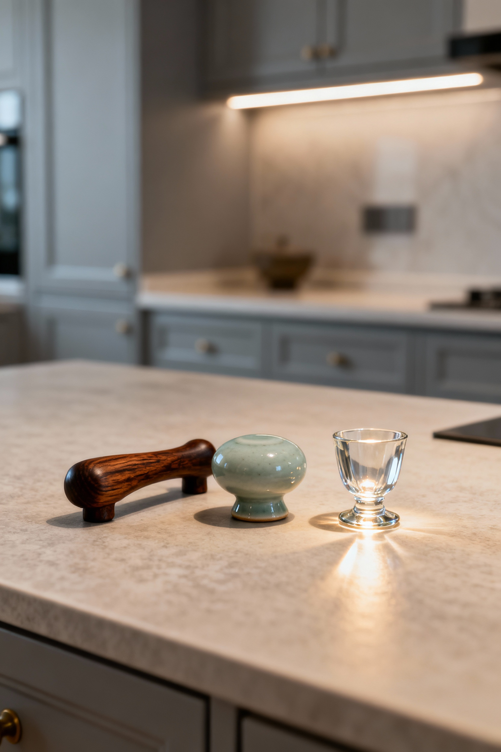 Close-up of ceramic knob, wooden pull handle, and glass cup handle as organic kitchen hardware on a kitchen island, showcasing distinctive texture and character.