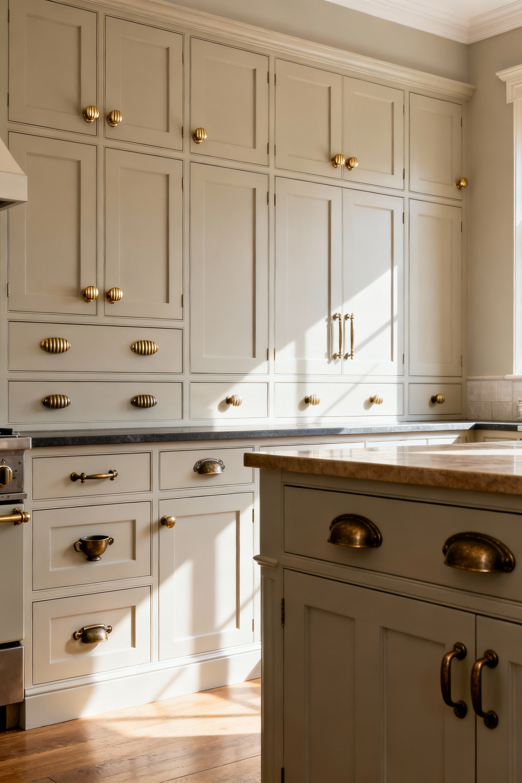 A sophisticated kitchen featuring deliberate asymmetric kitchen cabinet hardware, with elegant fluted brass knobs on upper cabinets and substantial aged bronze cup pulls on lower drawers, showcasing dynamic visual interest and bespoke design. No people.