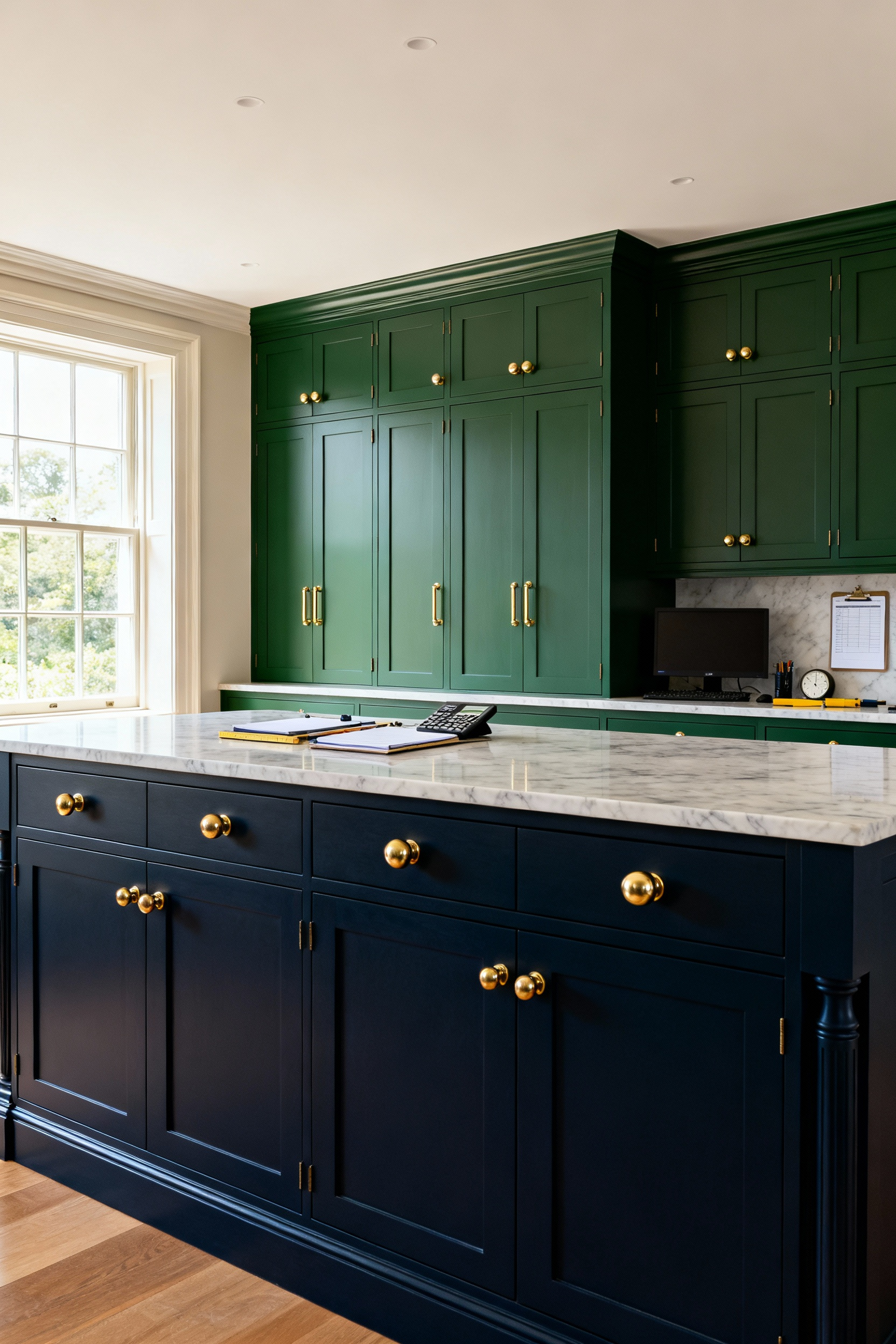 Elegant kitchen with unlacquered brass cup pulls and mushroom knobs on dark wooden Georgian-style cabinets, illustrating cohesive design.