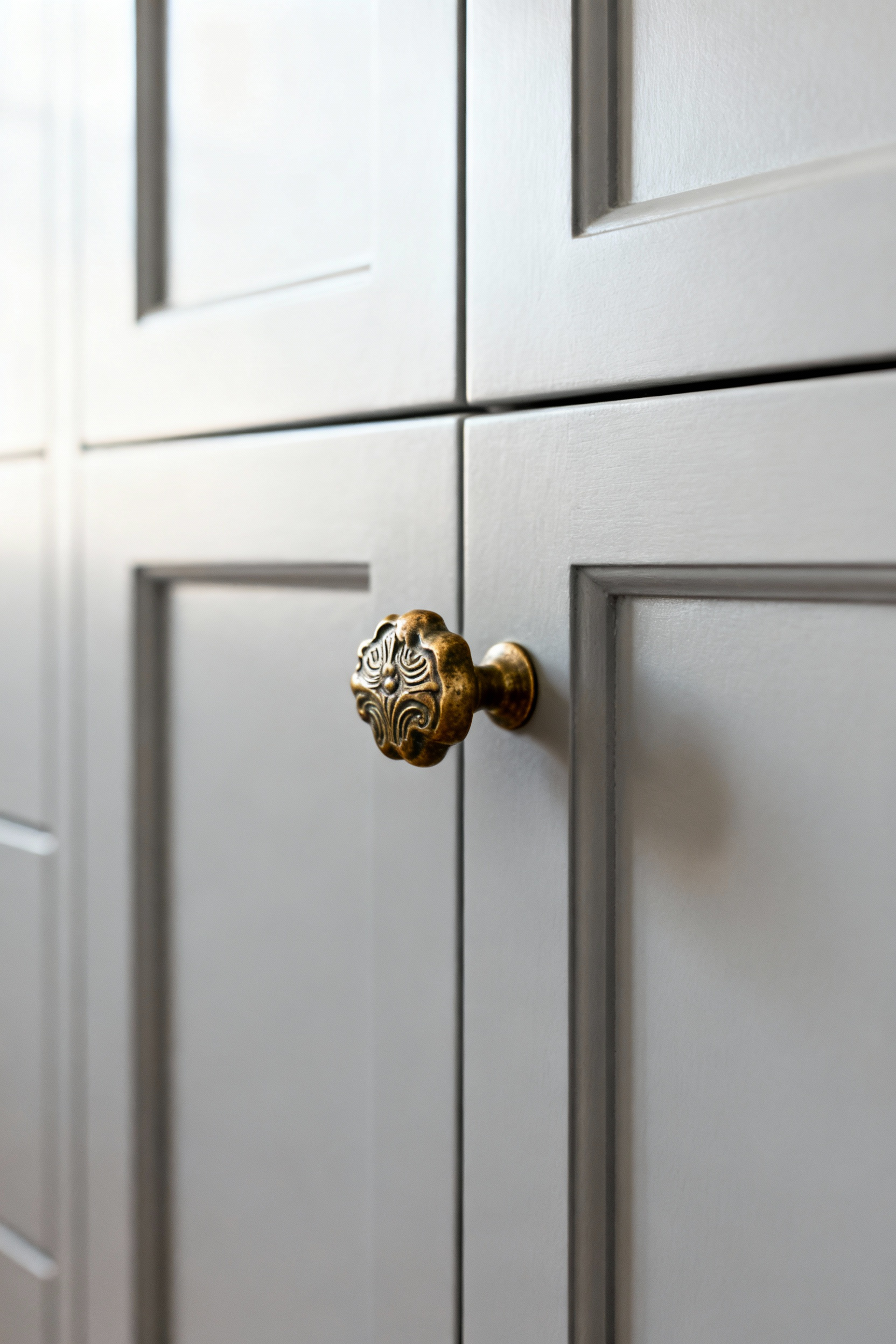 Close-up of a unique brass cabinet pull, a bespoke piece with an aged patina, on a light gray shaker kitchen cabinet door. Elegant bespoke kitchen hardware.