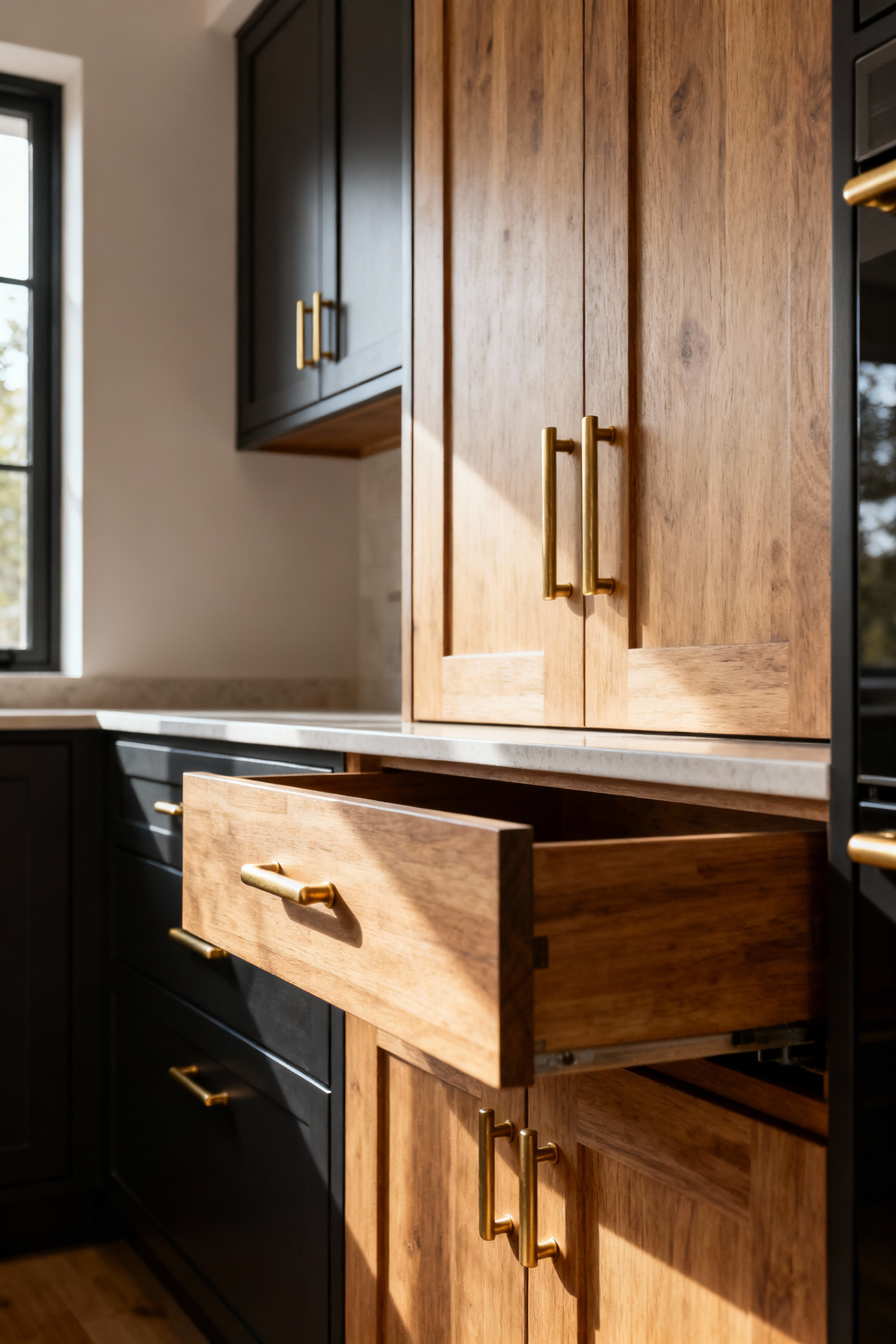 Modern kitchen cabinetry featuring perfectly scaled brushed brass cabinet hardware, demonstrating ideal hardware proportion and visual balance for a cohesive design.