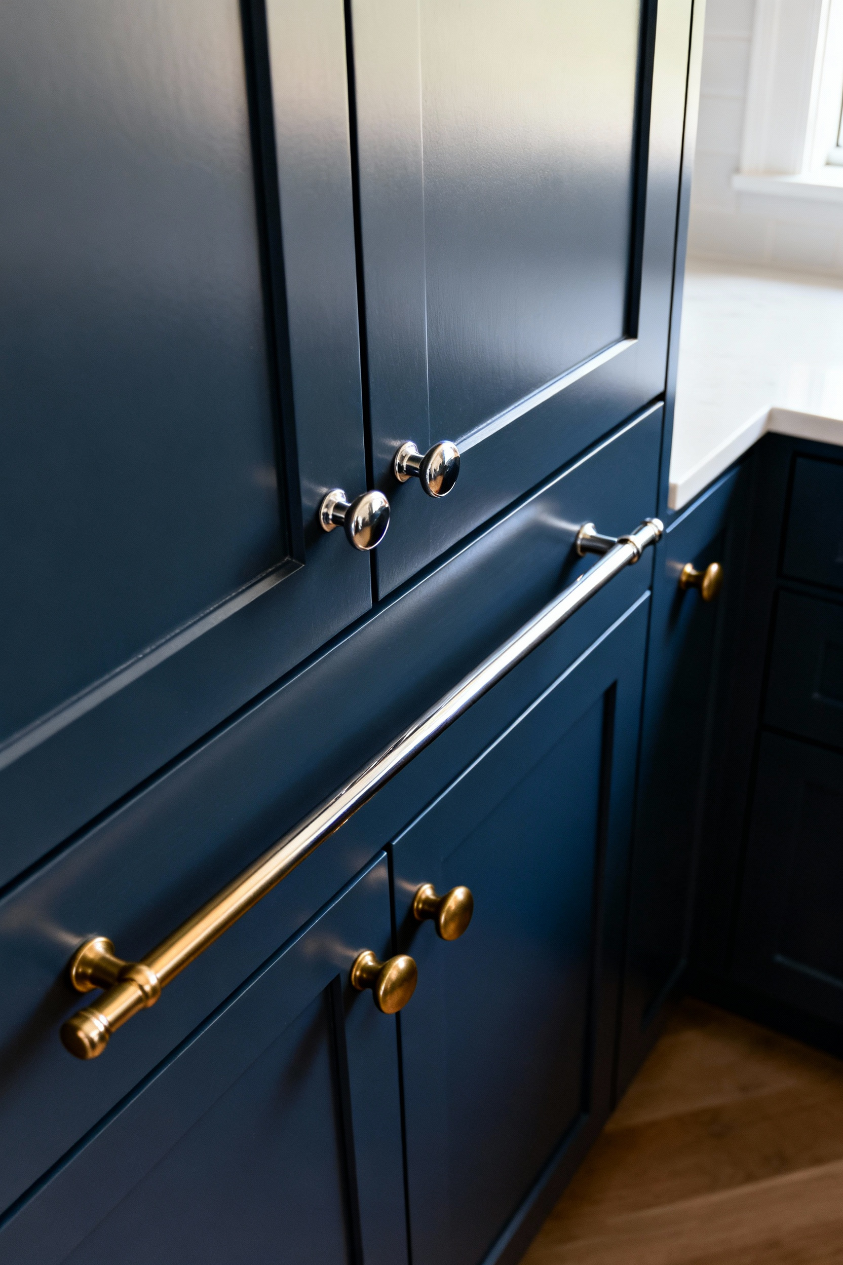Kitchen cabinetry showcasing the elegant juxtaposition of cool polished nickel bar pulls on upper cabinets and warm burnished brass cup pulls on lower cabinets, creating visual depth.