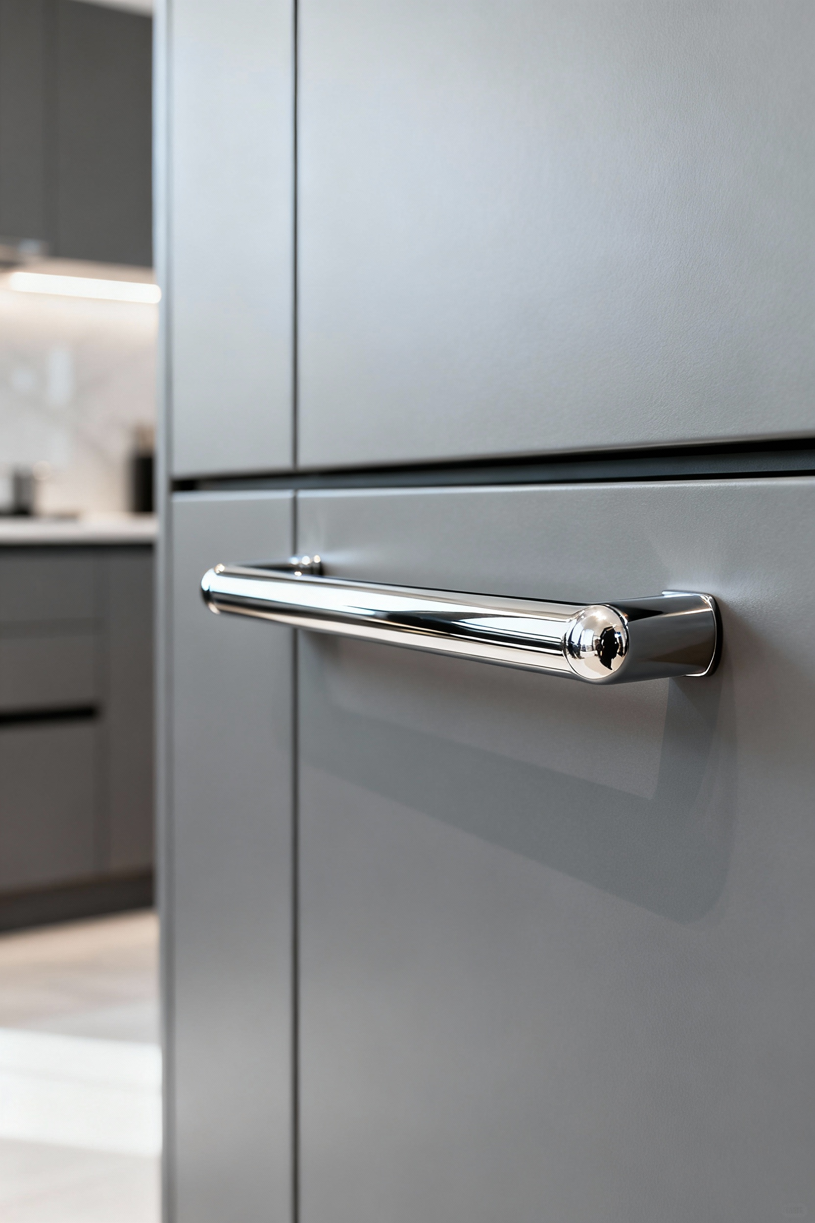 Close-up of a sleek polished chrome bar pull on a matte grey kitchen cabinet, highlighting its gleaming, modern aesthetic.