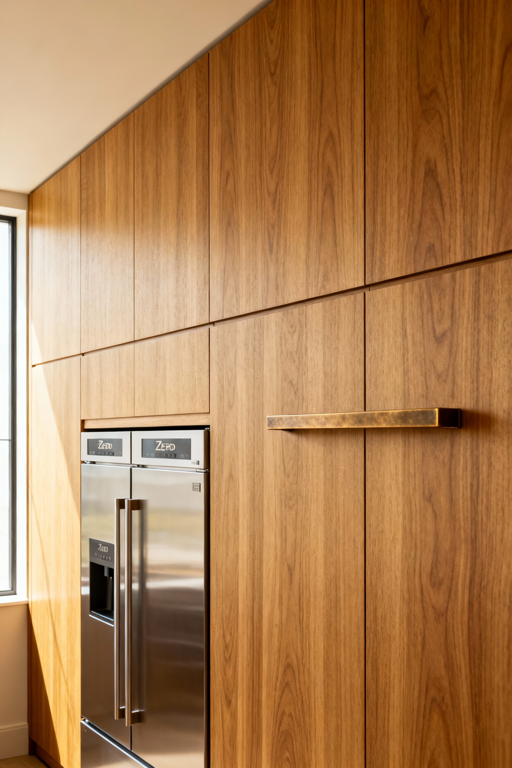 Elegant kitchen with bespoke oak cabinetry and an integrated Sub-Zero refrigeration unit, featuring a large, hand-aged bronze pull blending seamlessly into the panel, demonstrating concealed appliances with quality hardware.