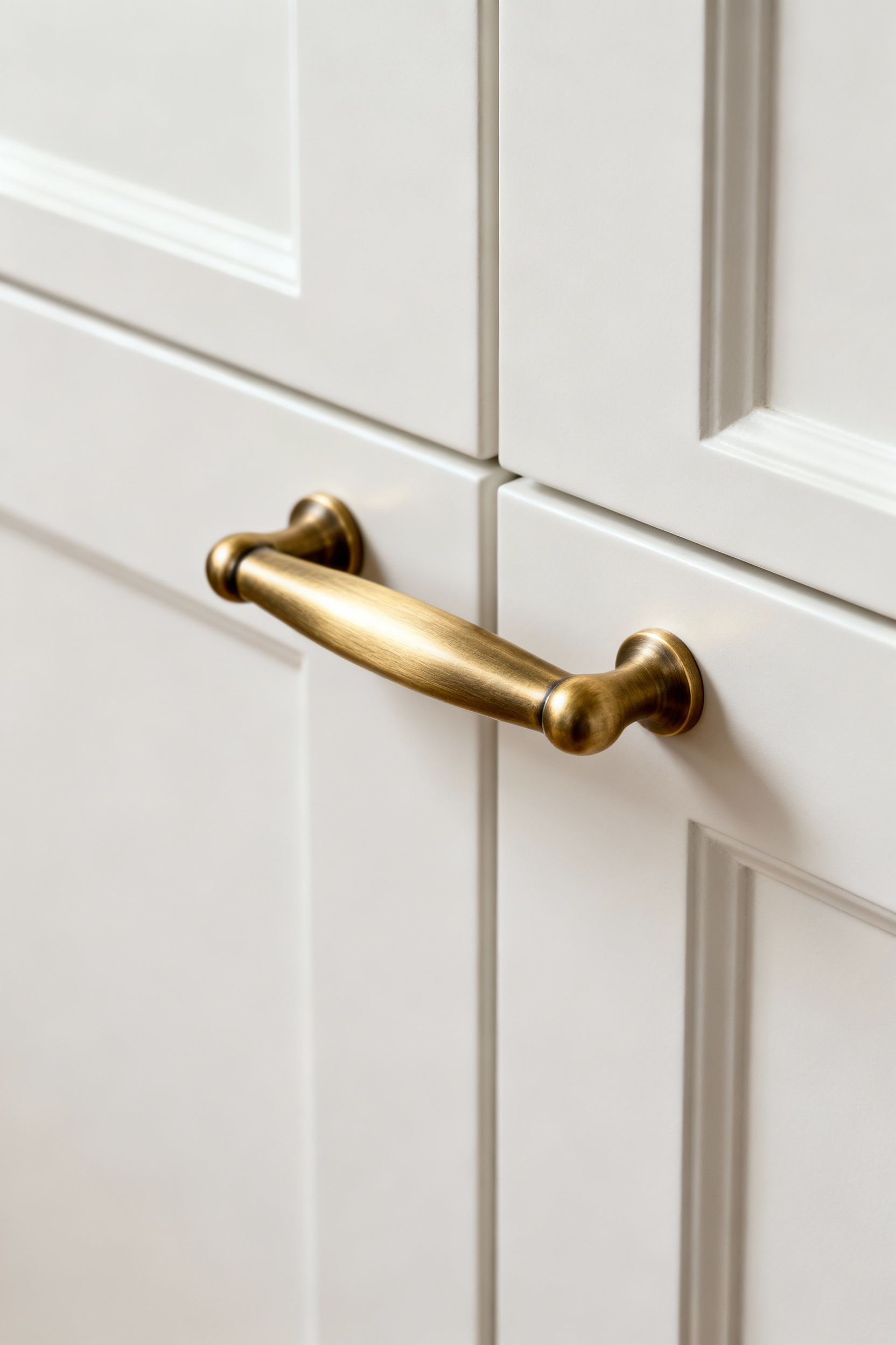 Close-up of a modern brushed brass ergonomic kitchen cabinet pull, showcasing its tactile design and quality on a matte white cabinet, emphasizing comfortable grip.