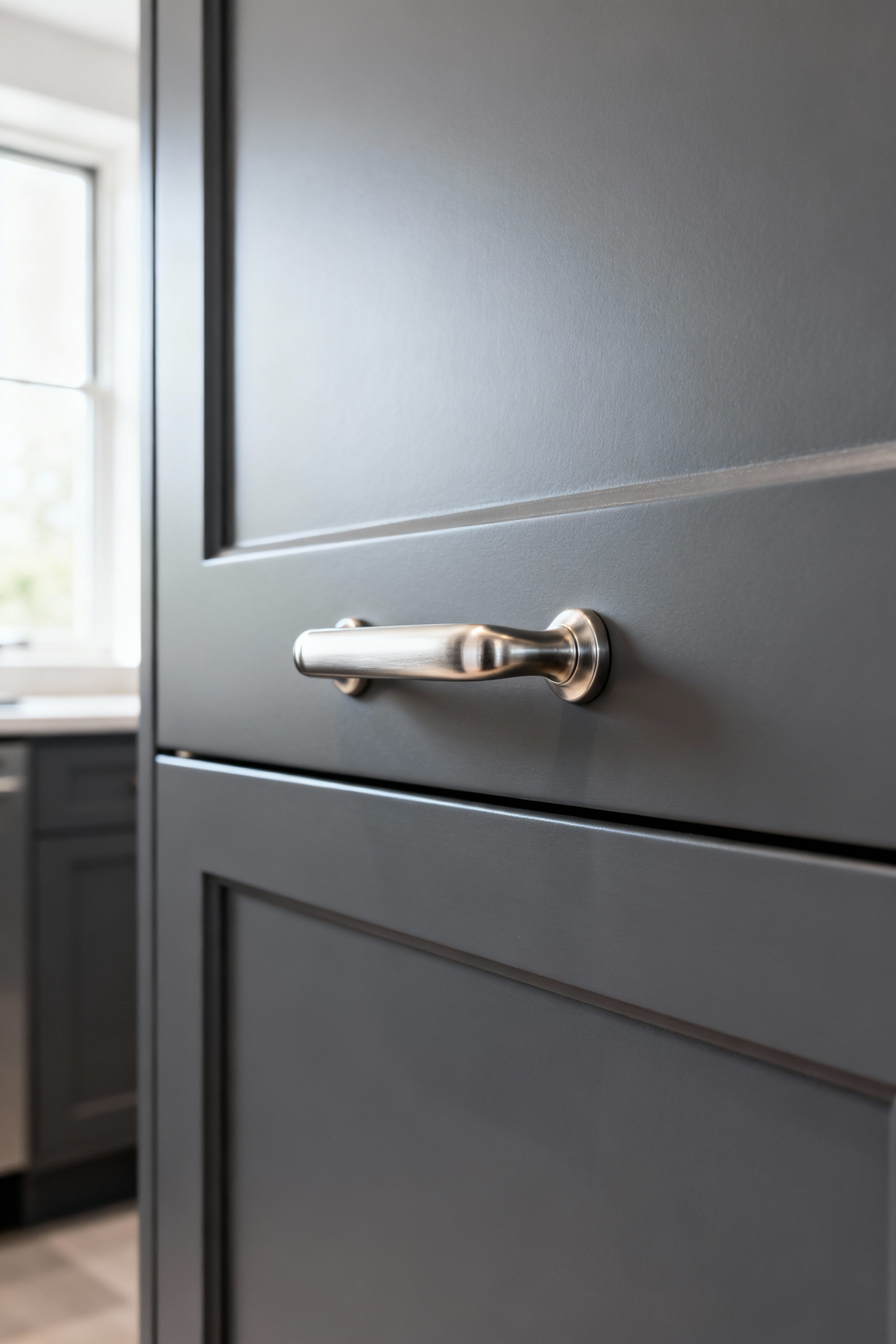 Ergonomic brushed nickel D-pull handle on a dark grey kitchen cabinet, illustrating universal design for accessible and effortless kitchen hardware operation.