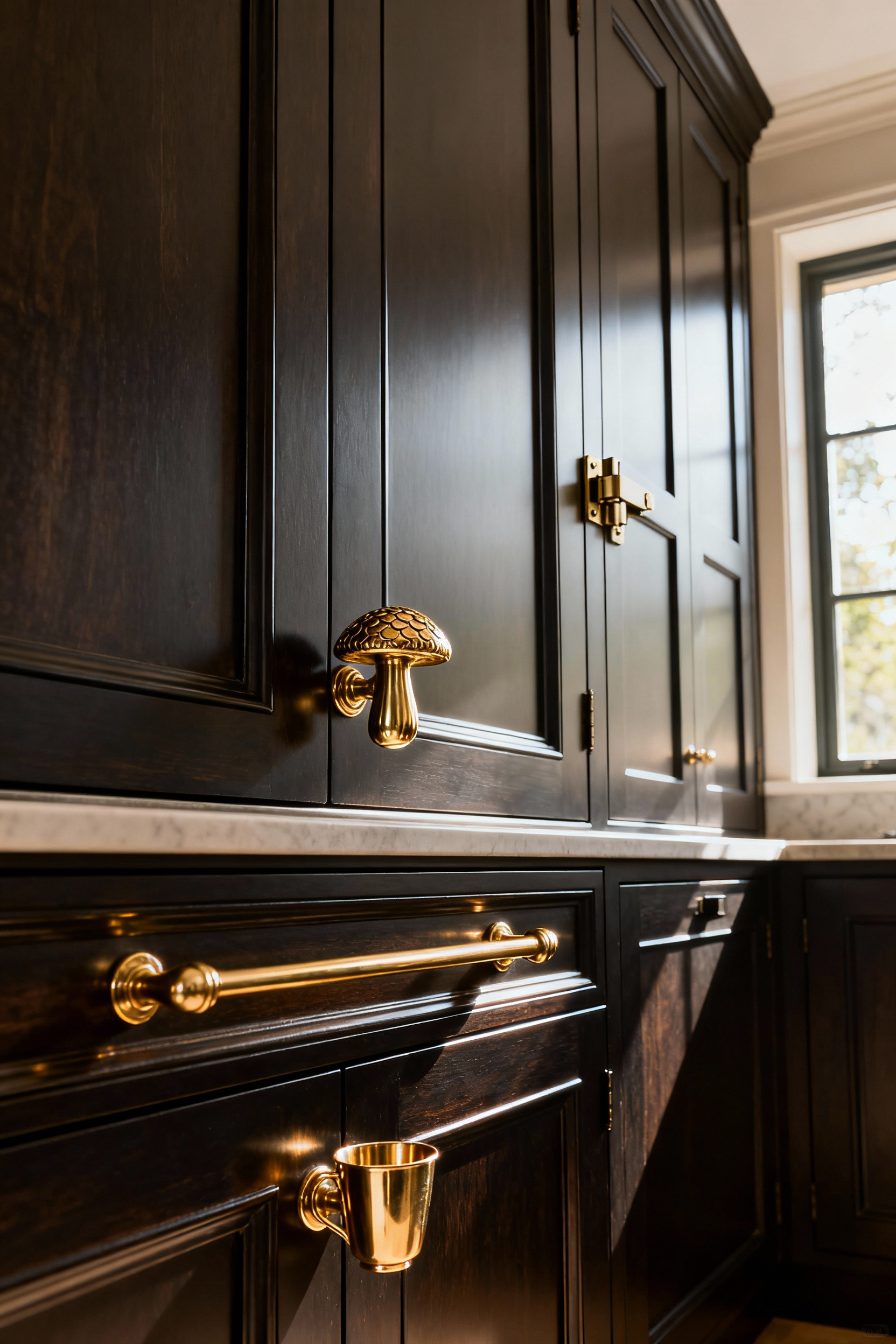 Kitchen design featuring diverse brass cabinet hardware - cup pulls, knobs, and latches - on different cabinet types for a unified look.