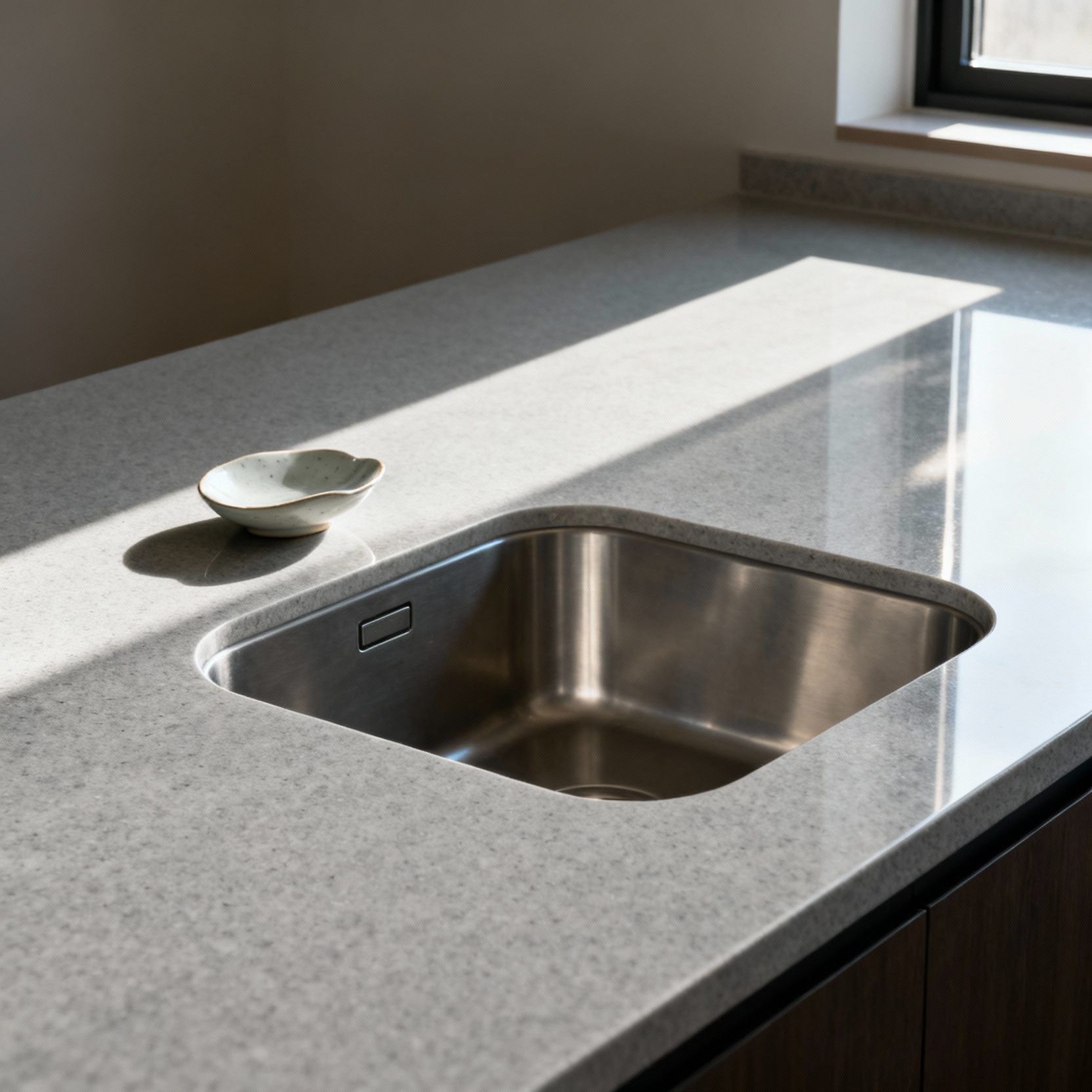 Minimalist kitchen sink with expansive clear counter space, embodying Ma, showcasing Japanese aesthetic for organization and serenity.