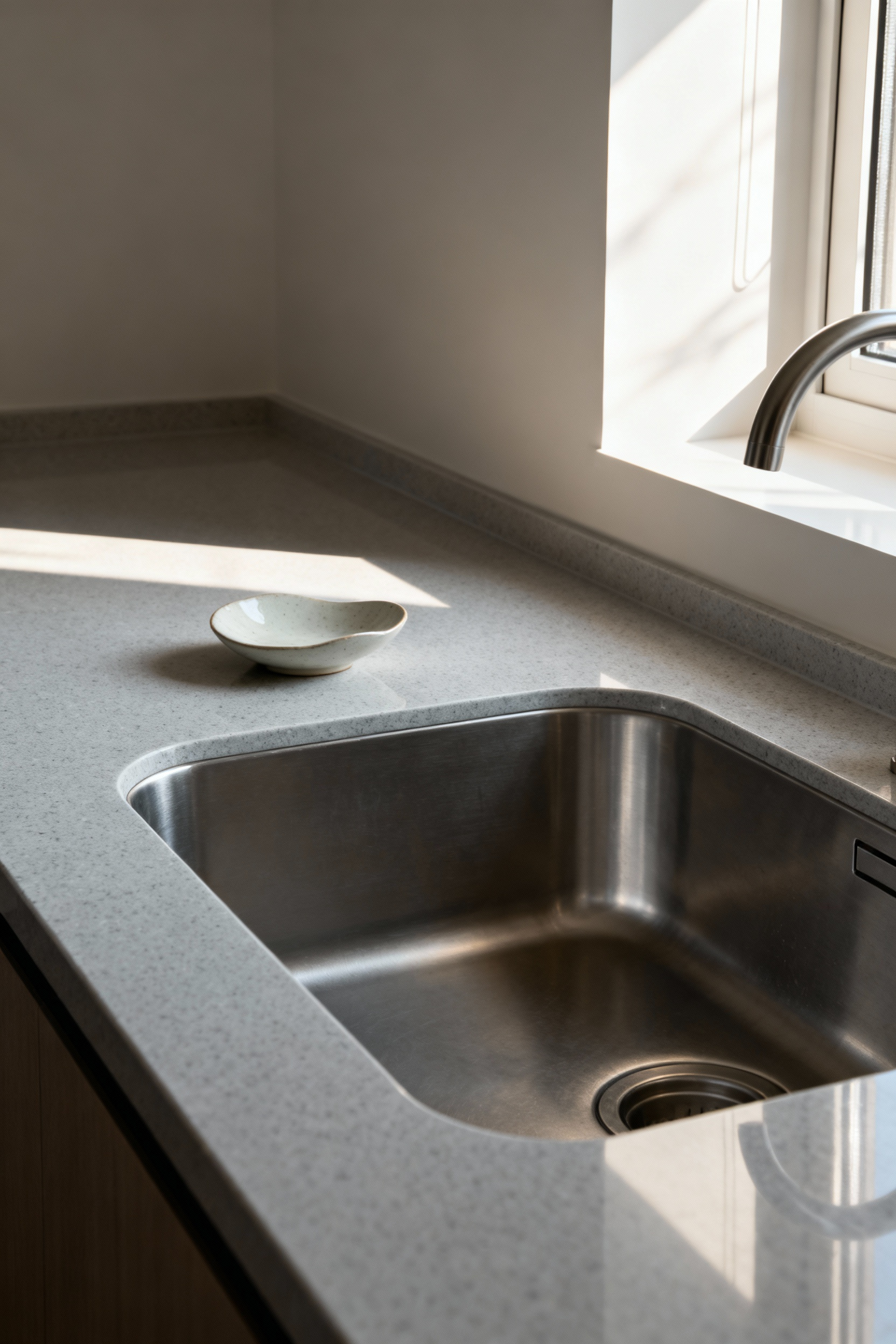 Minimalist kitchen sink with expansive clear counter space, embodying Ma, showcasing Japanese aesthetic for organization and serenity.