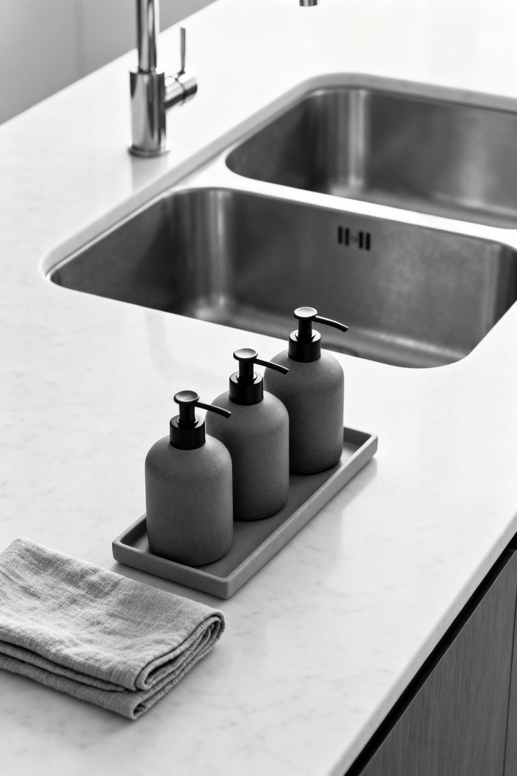 A modern kitchen sink with minimalist, matte gray ceramic pump bottles neatly arranged on a white countertop, bathed in soft natural light, illustrating monochromatic kitchen decor and serene organization.