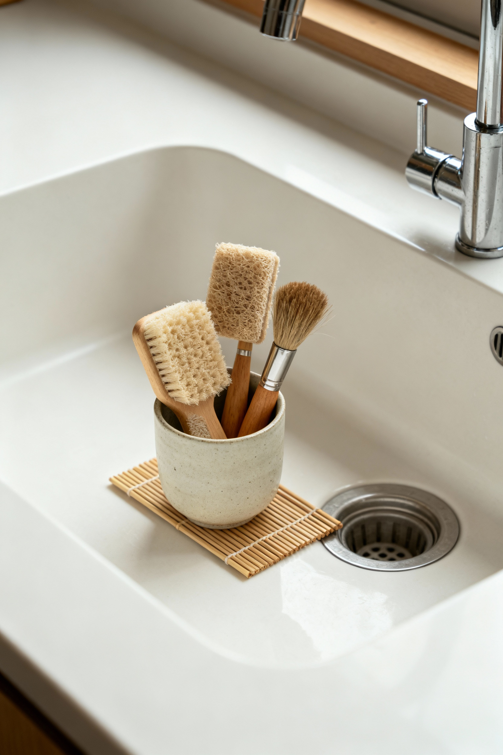 A minimalist kitchen sink area with sponges and brushes neatly organized in a ceramic caddy, demonstrating Kanban visual management for cleansing tools.
