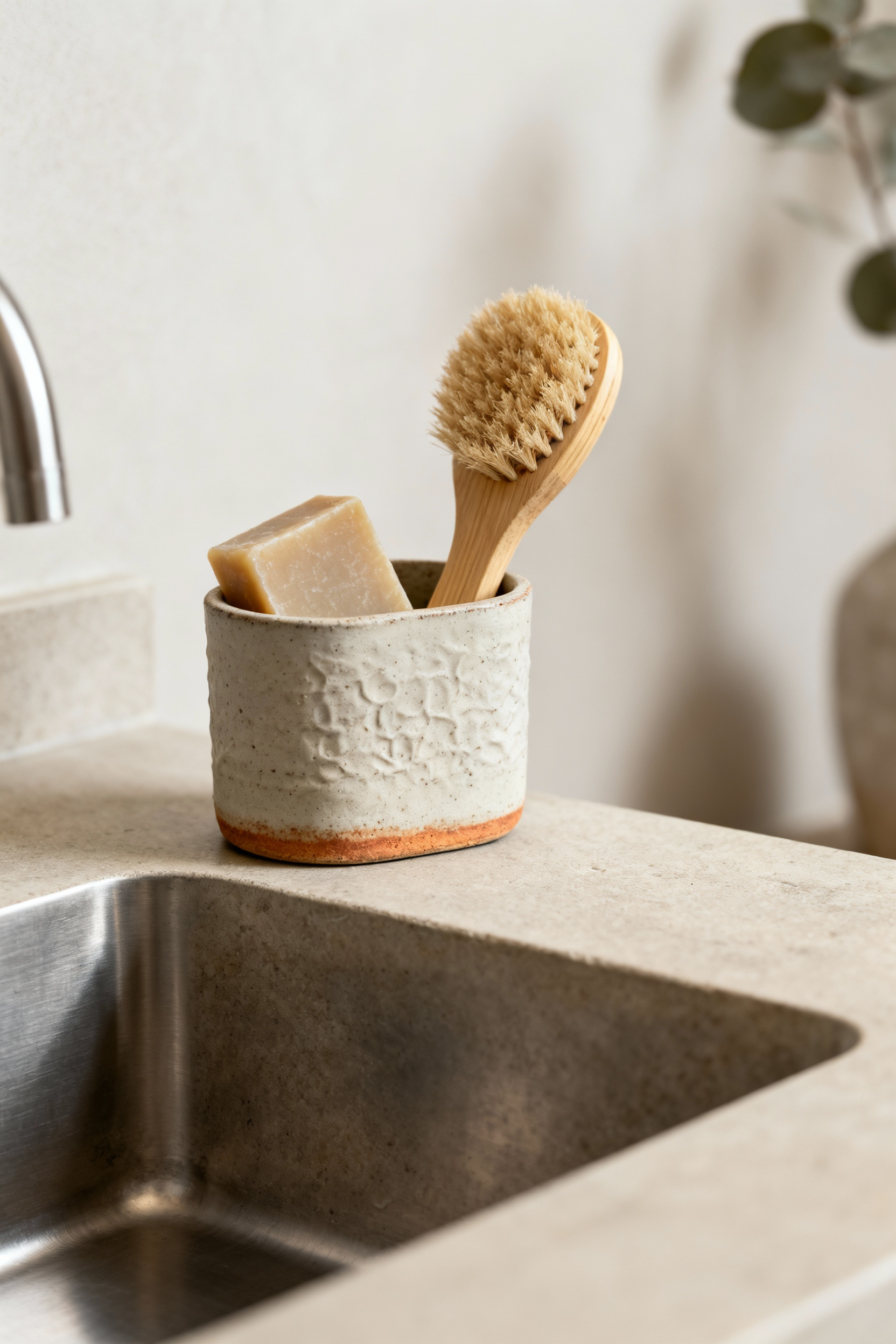 Unglazed ceramic caddy with bamboo brush and natural soap beside a kitchen sink, showcasing sublime tactility and natural patina.