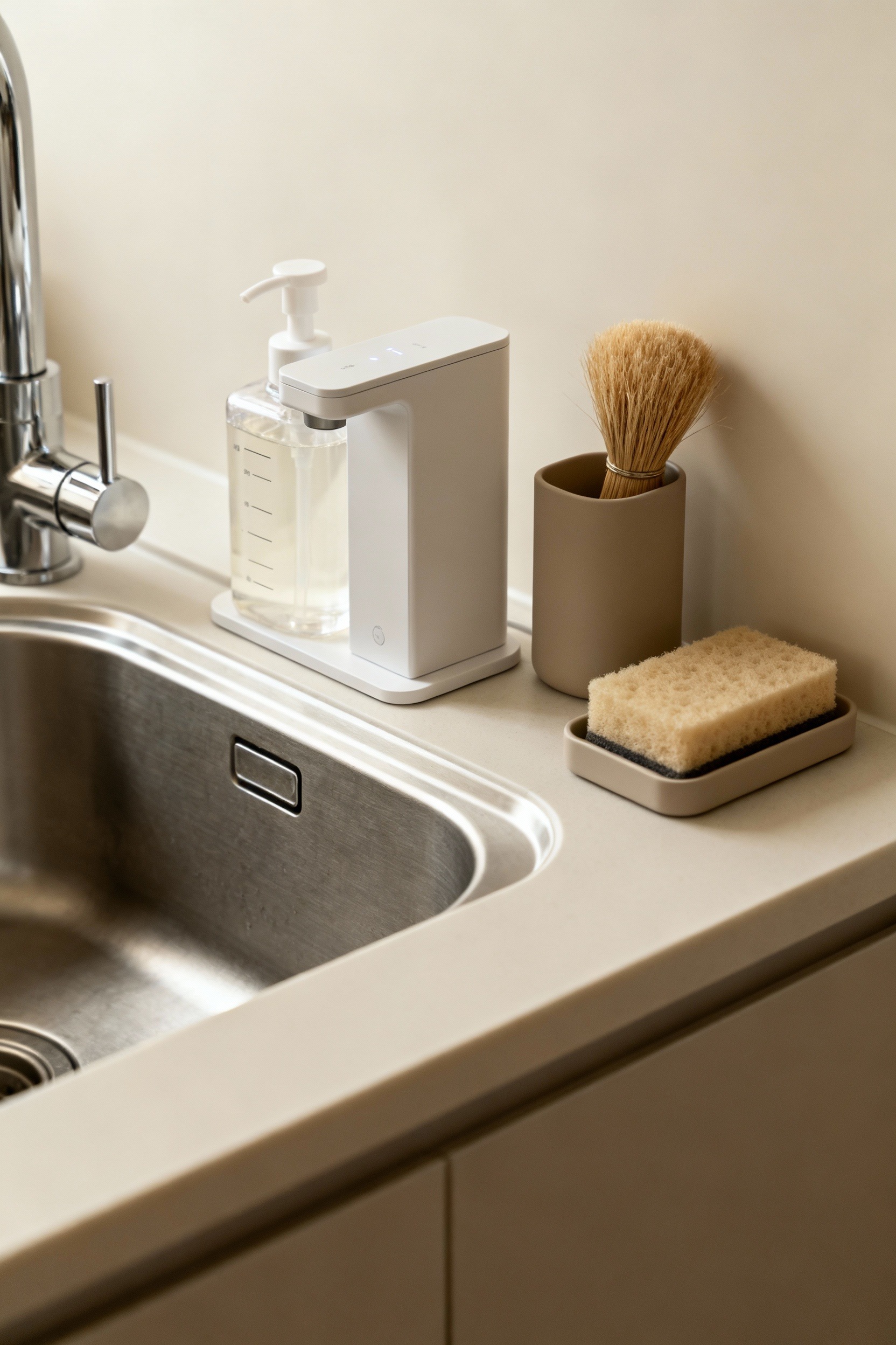 Minimalist kitchen sink with an elegant, automated soap dispenser and natural cleaning brushes neatly organized, reflecting serene and automated maintenance.