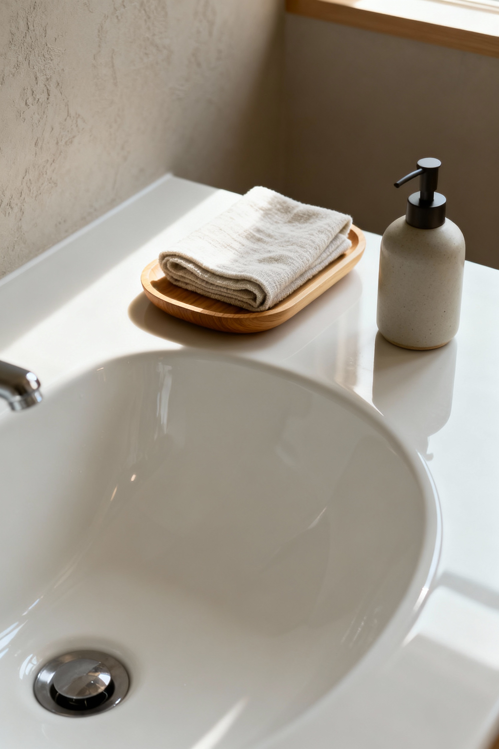 A minimalist kitchen sink with a pristine white basin, a neatly folded linen cloth on a hinoki wood tray, and a sleek ceramic soap dispenser, illuminated by soft natural light, conveying serenity and cleanliness.