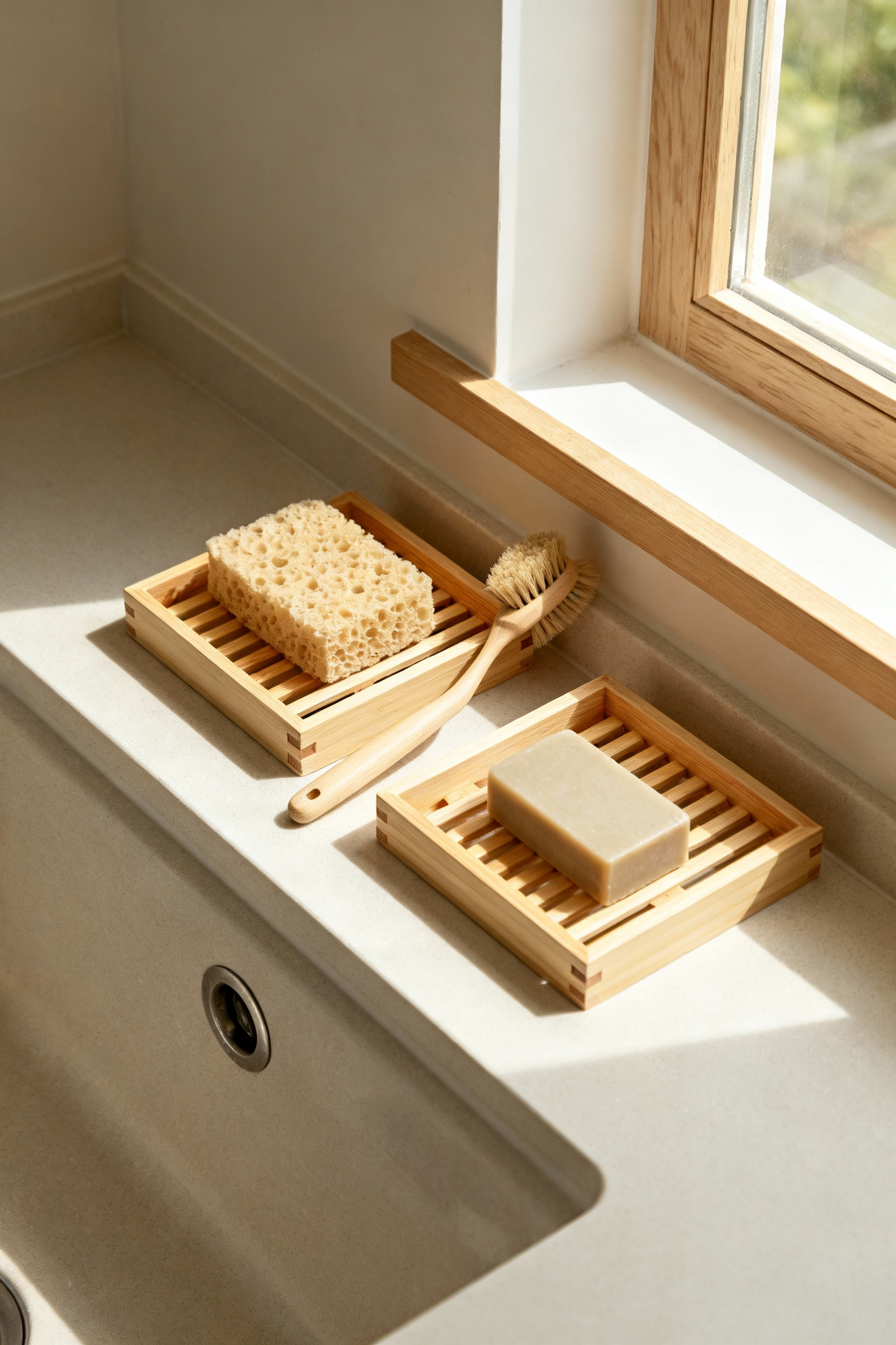 Portrait image of a beautifully organized kitchen sink featuring sustainable bamboo and hinoki wood slatted organizers for natural moisture regulation, embodying Japanese minimalist design.