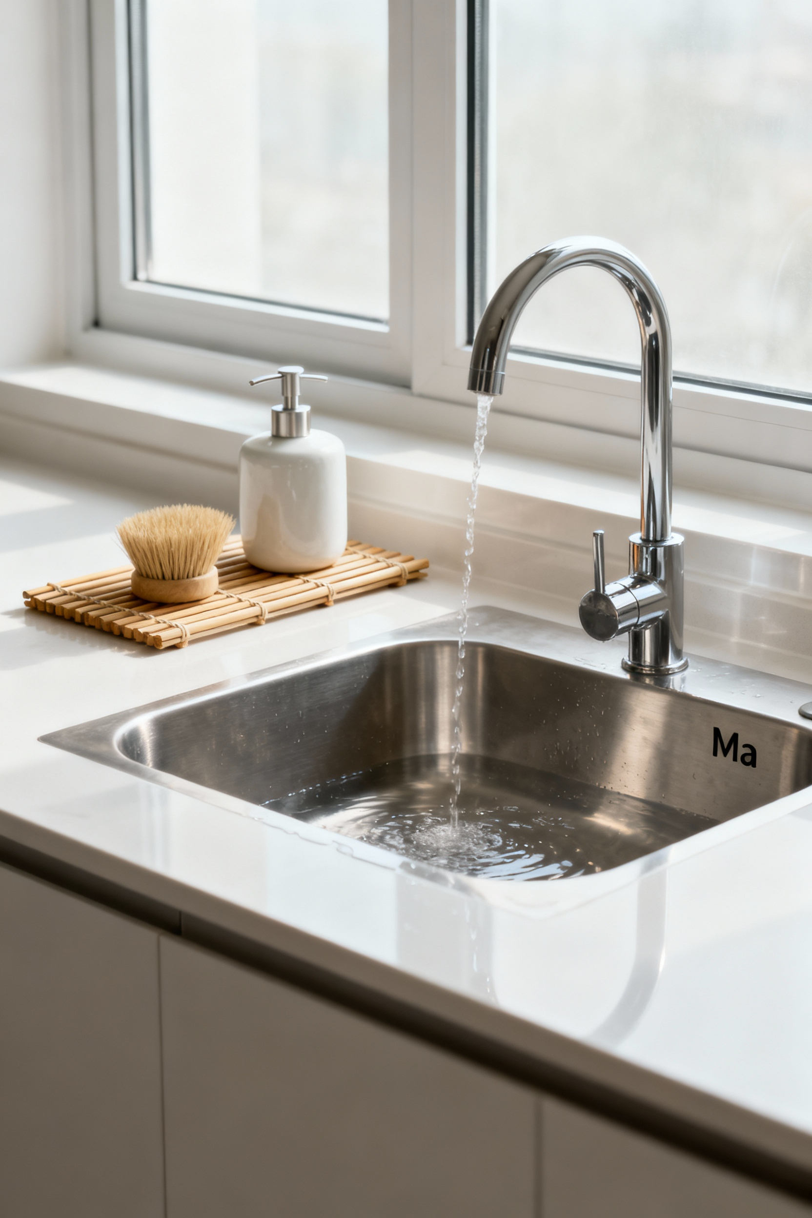 Minimalist kitchen sink with organized bamboo mat, ceramic soap dispenser, and natural brush, symbolizing Kaizen micro-adjustments and continuous improvement in home organization for serenity.
