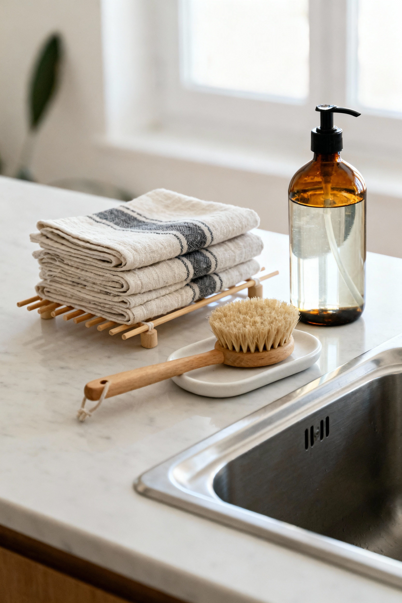 A minimalist kitchen sink setup featuring neatly folded natural fiber multi-purpose cloths, an elegant glass soap dispenser, and a wooden scrub brush, promoting eco-friendly kitchen organization with biodegradable solutions.
