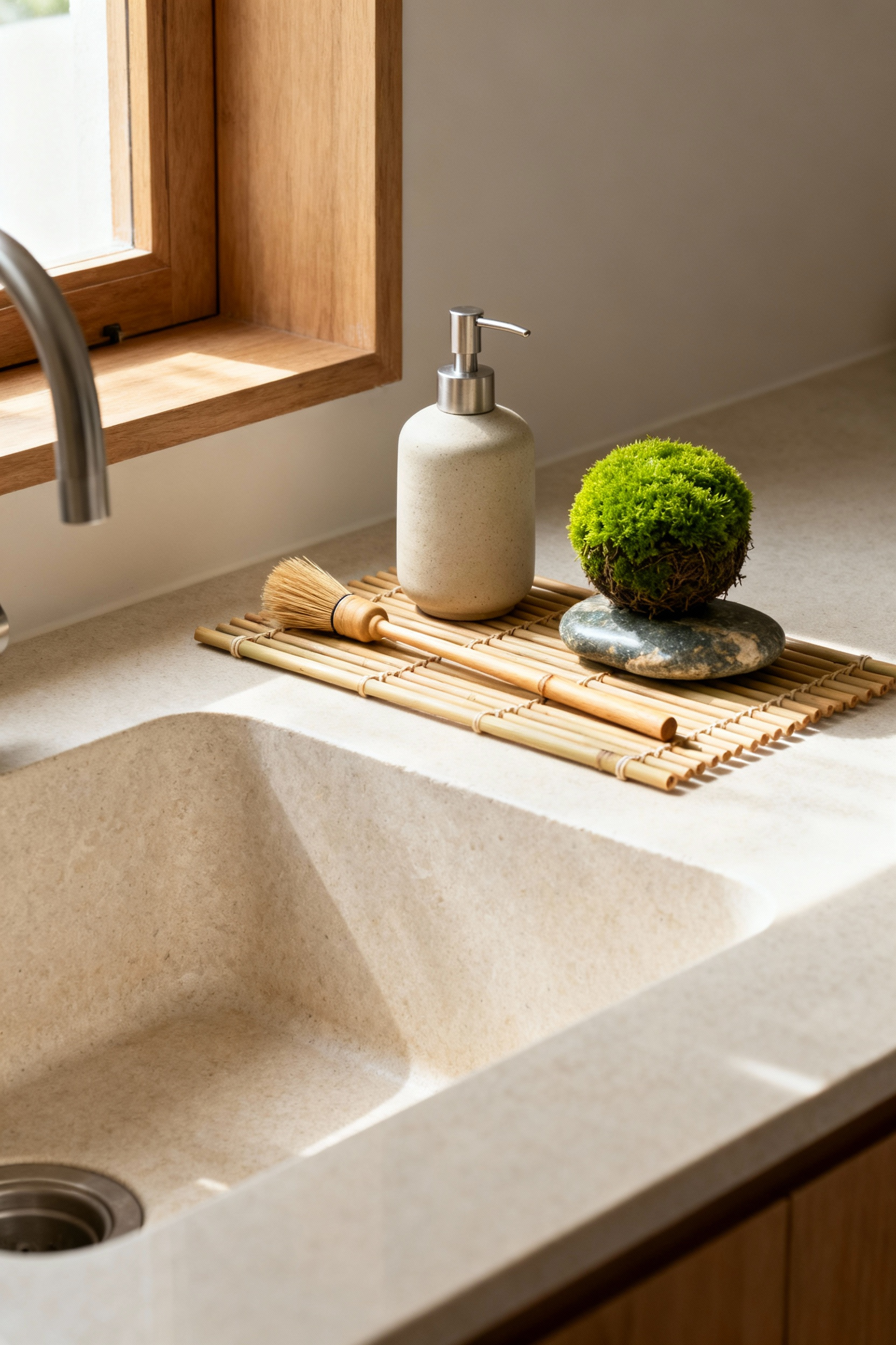 Organized natural kitchen sink with bamboo drying mat, ceramic soap dispenser, wooden brush, and a kokedama moss ball, embodying Shinrin-Yoku principles for a serene aesthetic.
