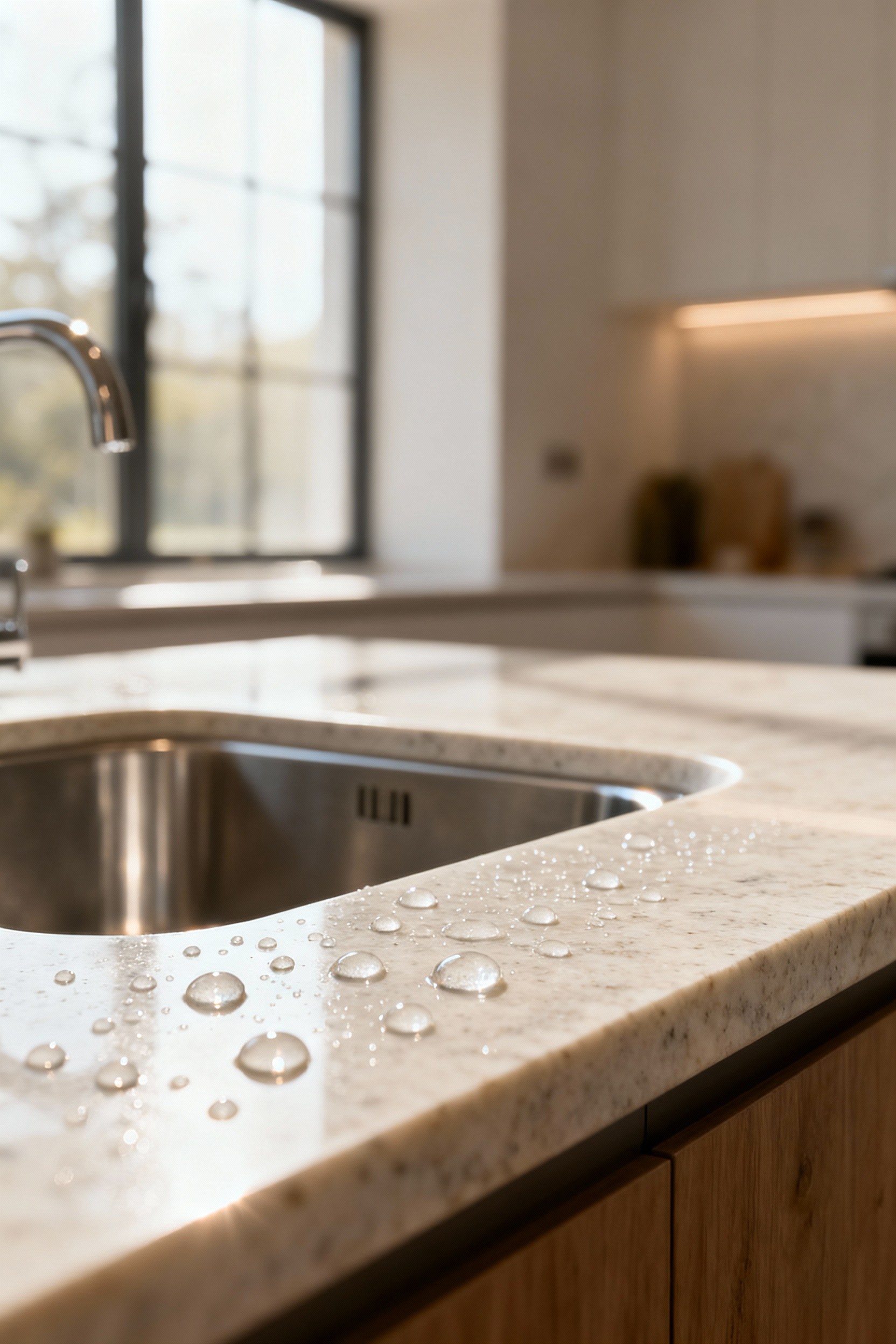 Natural stone kitchen countertop treated with hydrophobic sealant, showing water beading perfectly, enhancing resilience and aesthetic.