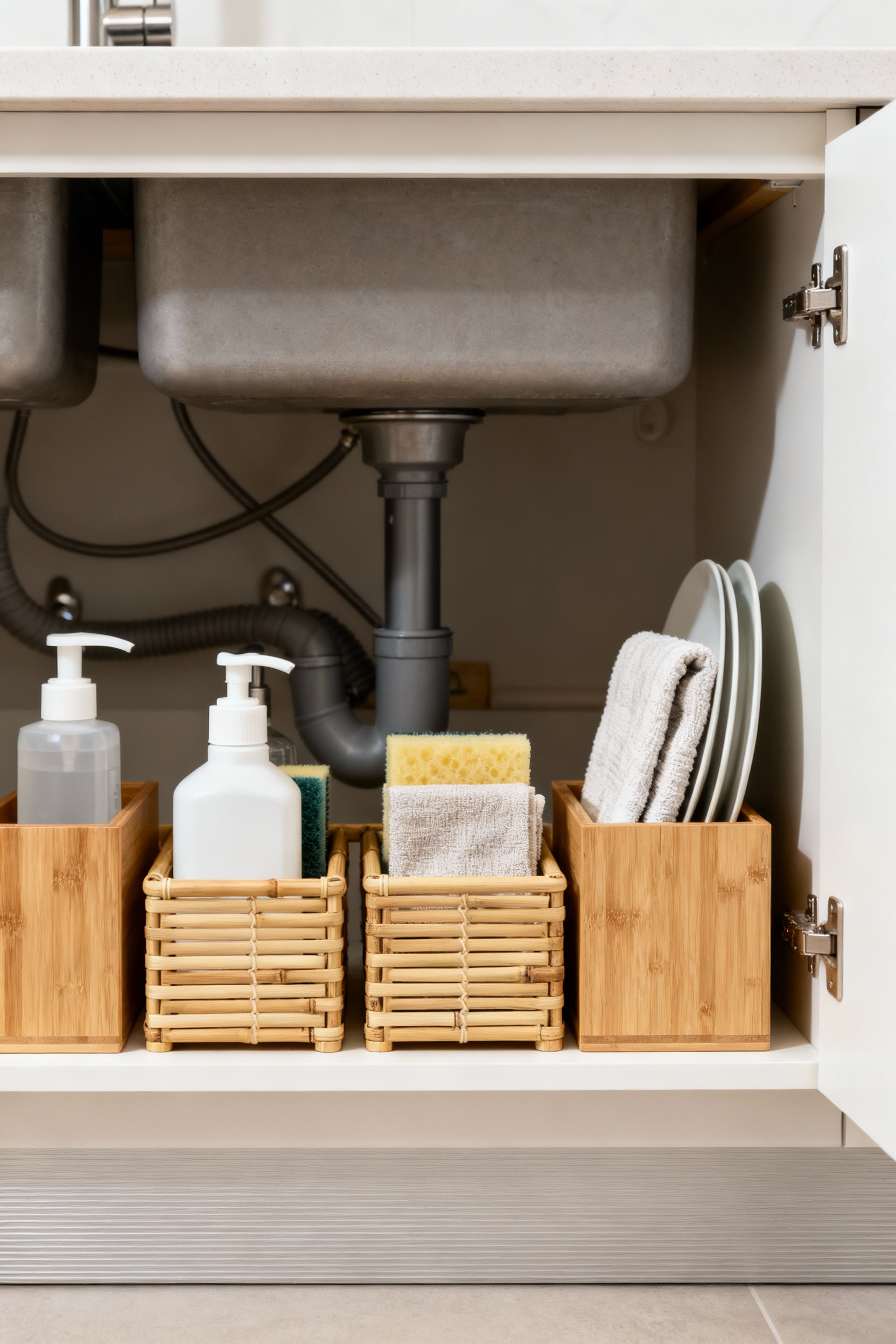 Under-sink cabinet organized with Kanso principles, featuring natural wood dividers, discrete categorization of cleaning supplies, and a serene, minimalist aesthetic.