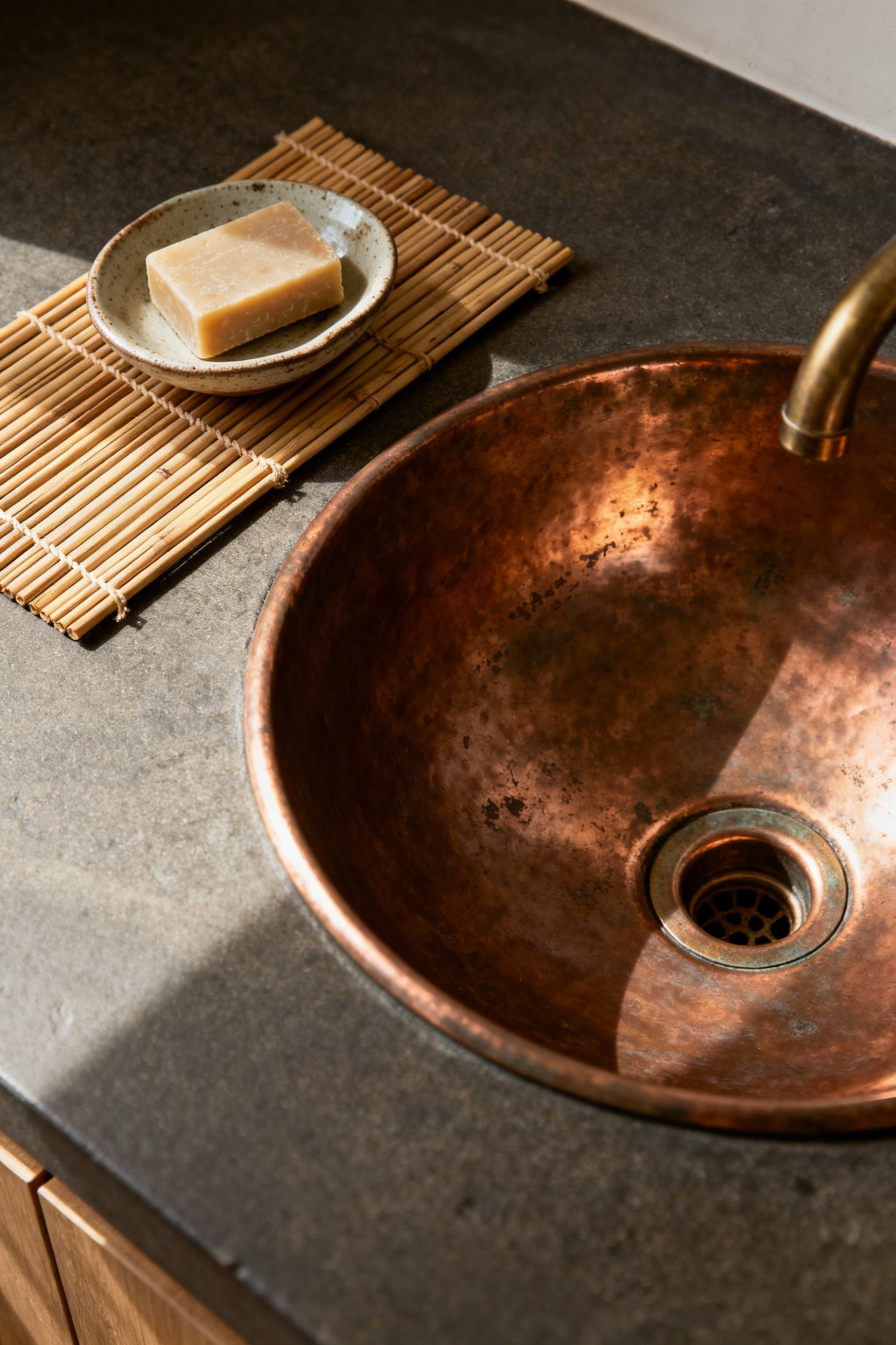 A wabi-sabi inspired kitchen sink, portrait view, featuring an aged copper basin with a rich, natural patina, alongside a bamboo drying mat and ceramic soap dish on a dark stone counter, under soft, natural lighting.