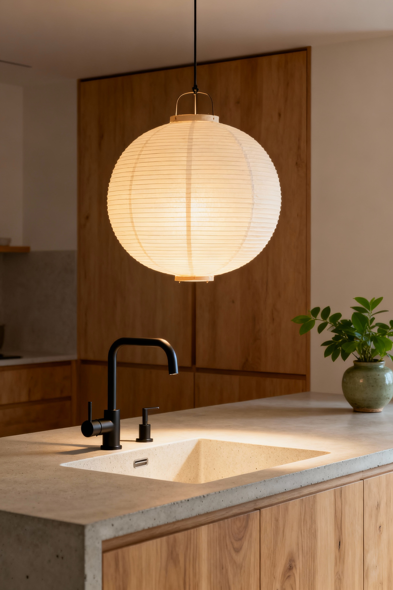 Kitchen sink area with a minimalist Akari-inspired paper pendant light, casting a soft, warm glow. The sink is clean, surrounded by natural wood and stone textures. Japanese aesthetic, tranquil lighting, deliberate task illumination.