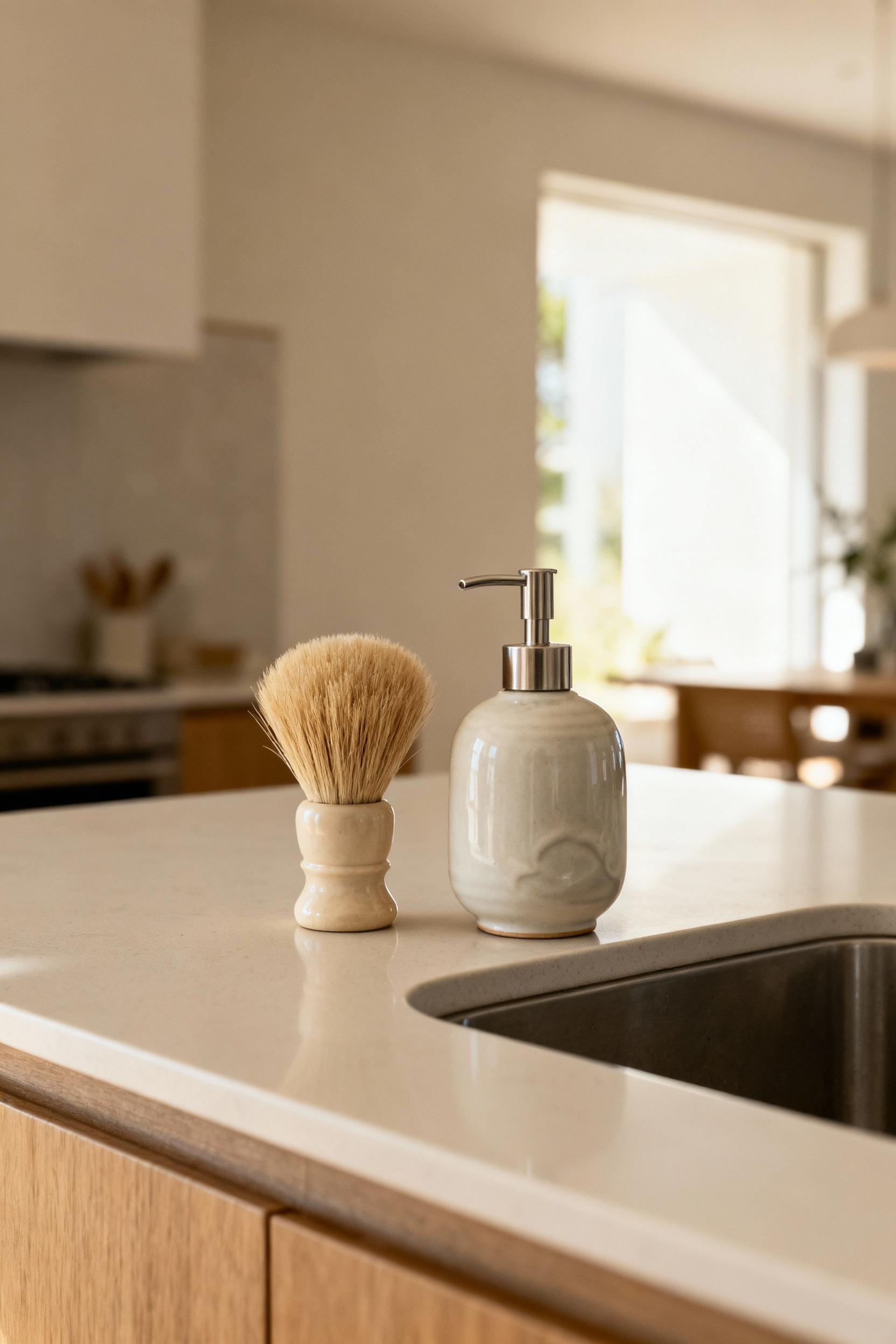 A pristine and minimalist kitchen countertop beside a sink, featuring only an elegant ceramic soap dispenser and a natural bristle brush, representing efficient countertop organization and clarity.