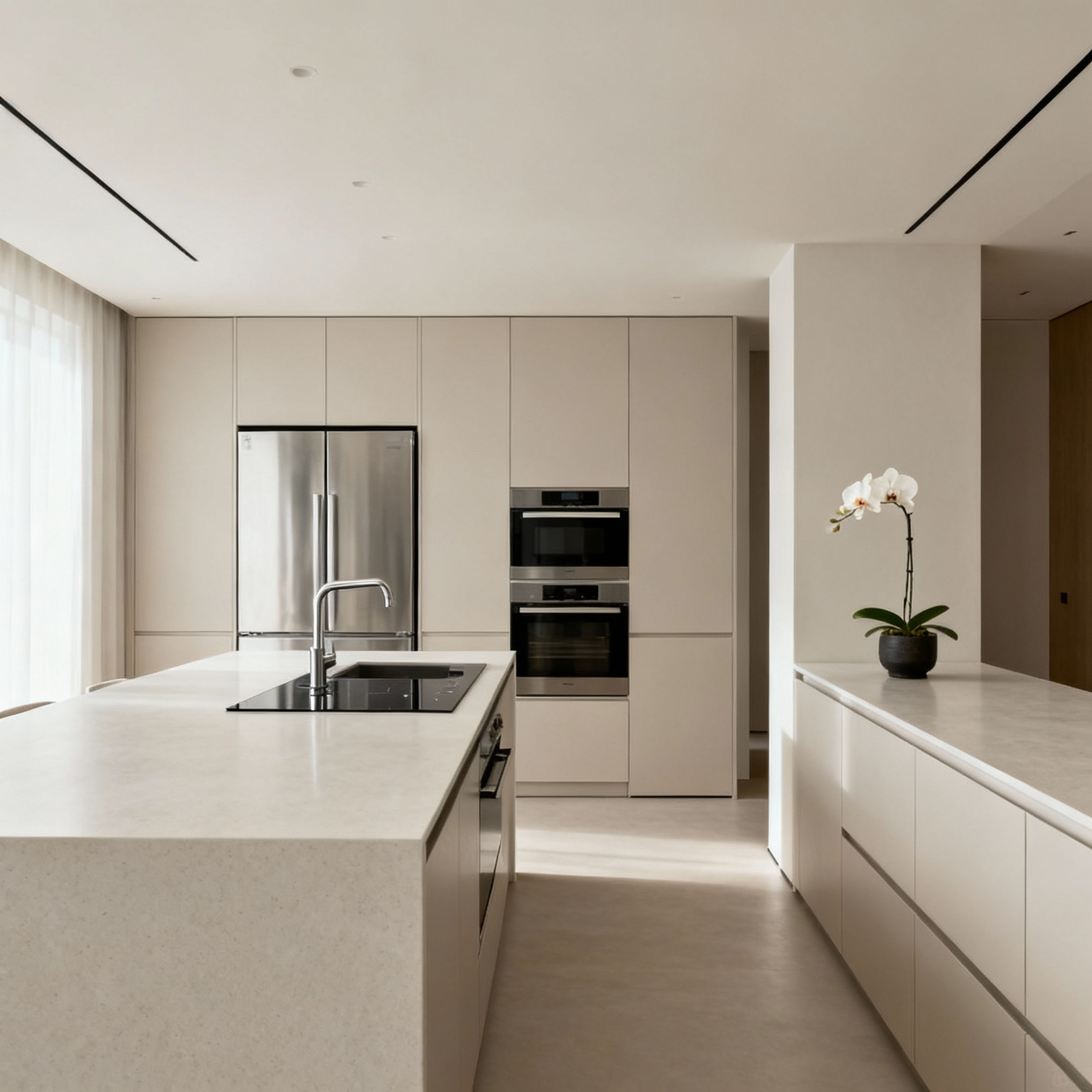 Modern kitchen interior showcasing an intuitive culinary workflow with seamless design, elegant minimalist cabinetry, clean quartz countertops, and abundant natural light.
