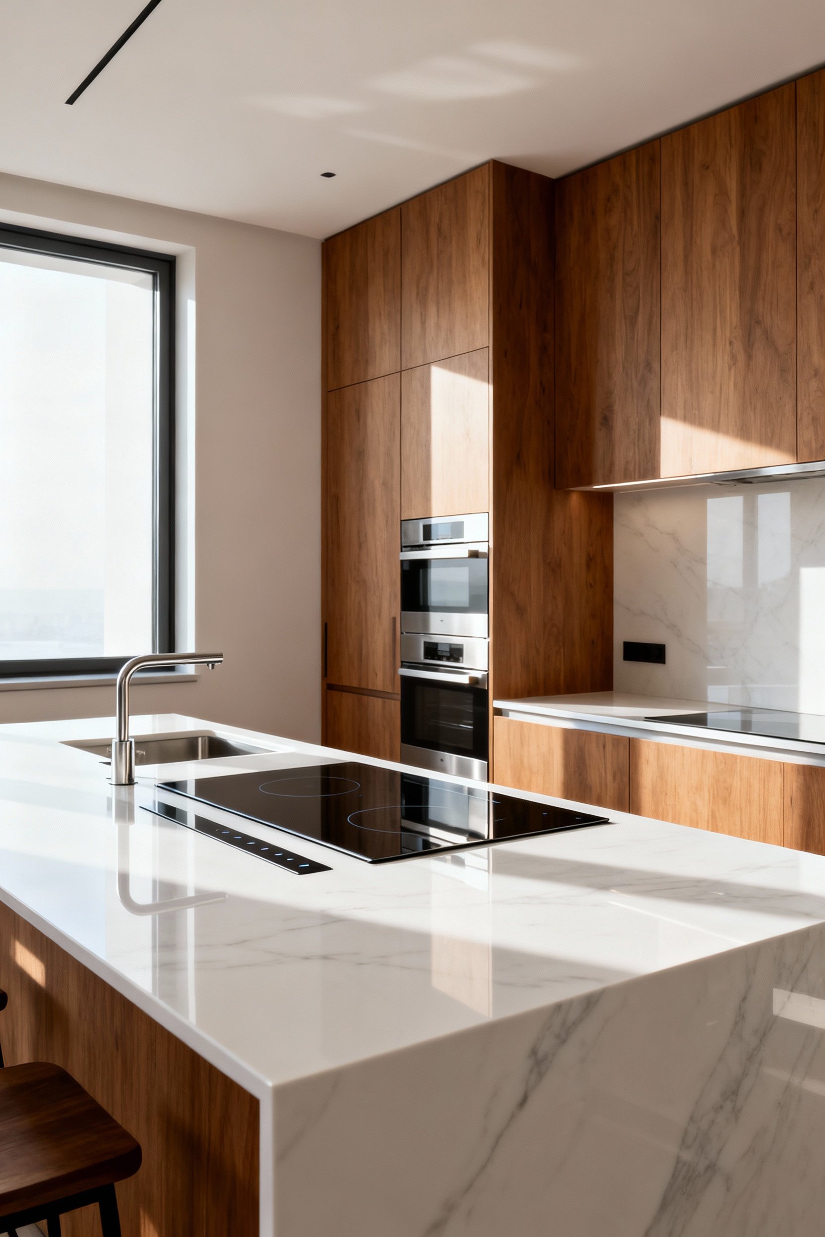 A minimalist modern kitchen with voice-activated interface integration, showcasing a sleek island and no visible controls, emphasizing hands-free elegance and advanced technology.