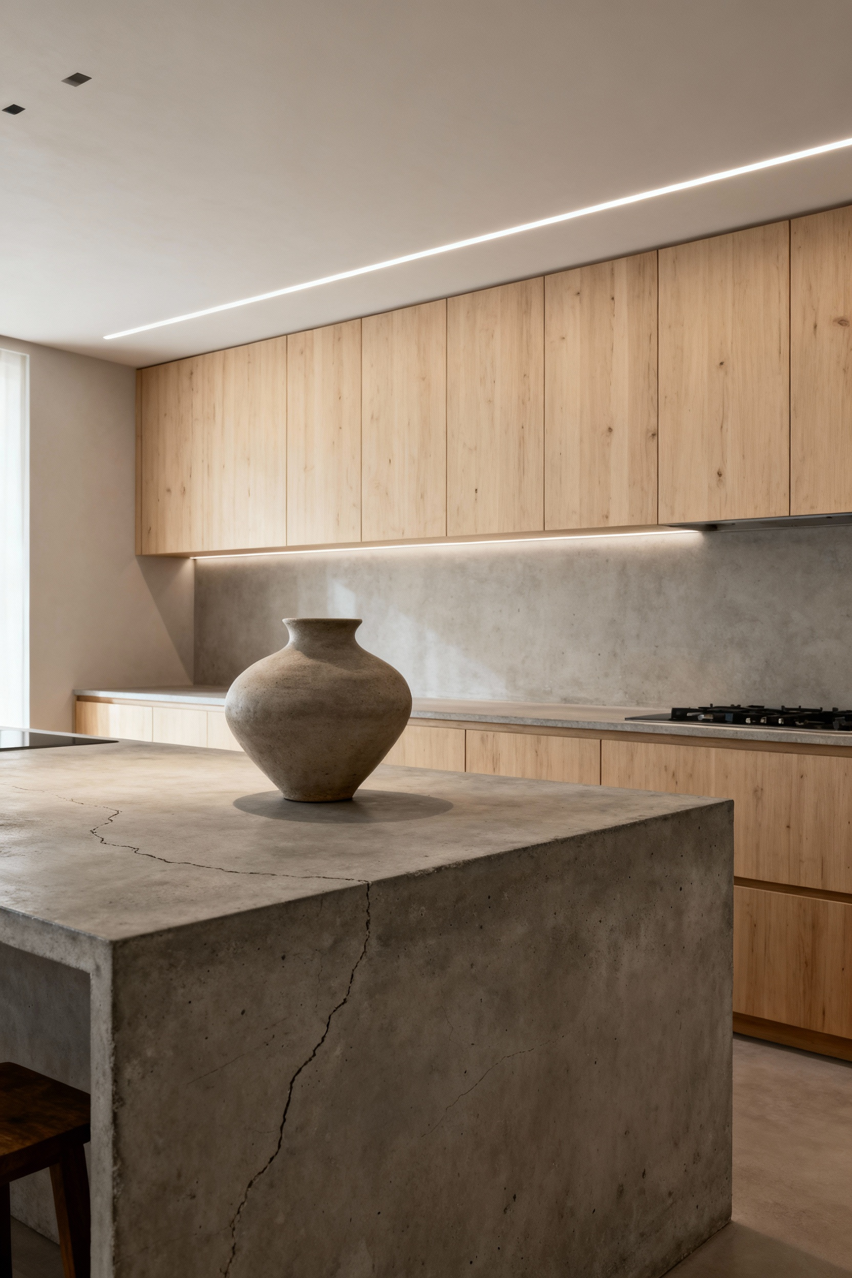 Modern kitchen with Wabi-Sabi design, featuring a seamless concrete countertop, handleless birch plywood cabinetry, and a large hand-thrown ceramic vase, embodying natural imperfection and authentic character.