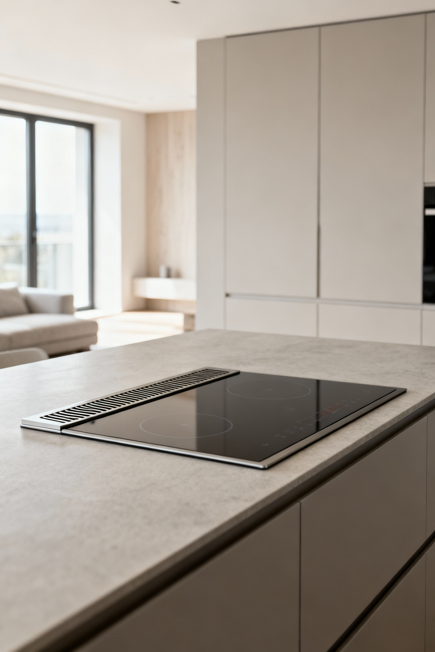 Sleek, modern kitchen interior featuring a black precision induction hob with integrated downdraft ventilation seamlessly flush-mounted into a light gray minimalist countertop, bathed in natural light, with no overhead hood