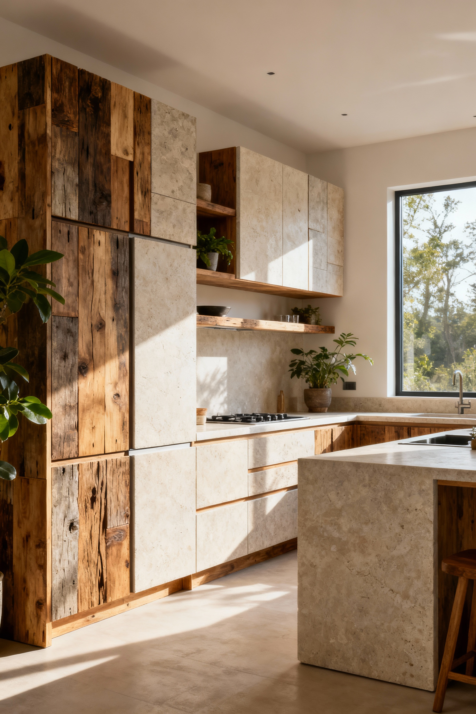 A minimalist modern kitchen showcasing circular economy principles, featuring modular wooden cabinetry, recycled stone countertops, and natural light, emphasizing longevity and resource consciousness without people.
