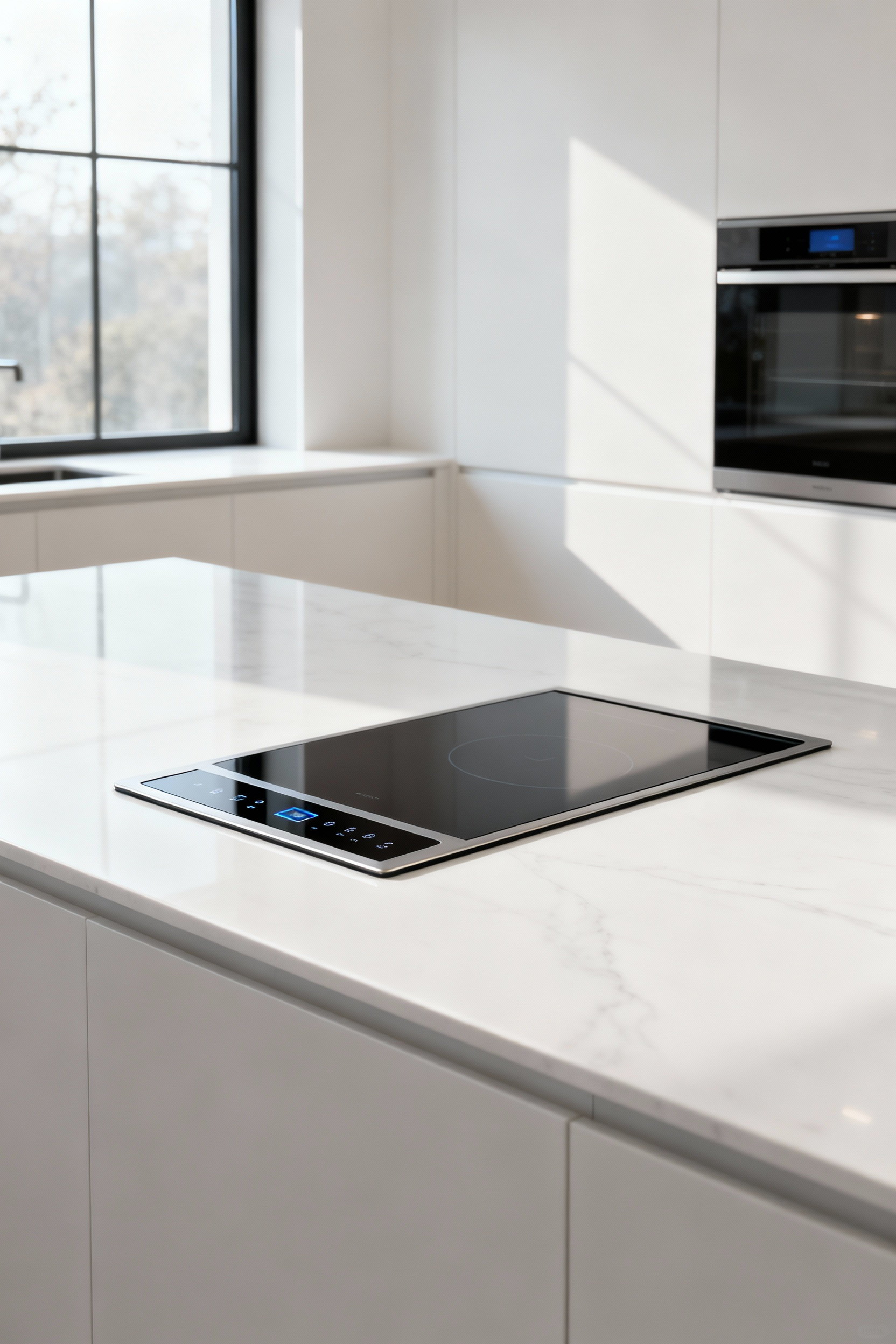 Modern kitchen interior showcasing a sleek, integrated central control panel for smart appliance orchestration, with a visible induction cooktop and minimalist design.