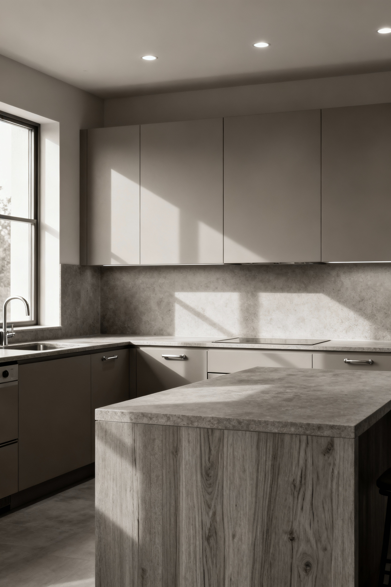 Modern kitchen featuring a monochromatic greige design with layered tones, matte lacquer cabinetry, honed stone countertops, subtle wood grain island, and brushed stainless steel, creating a calm and sophisticated interior with natural light and ambient illumination.