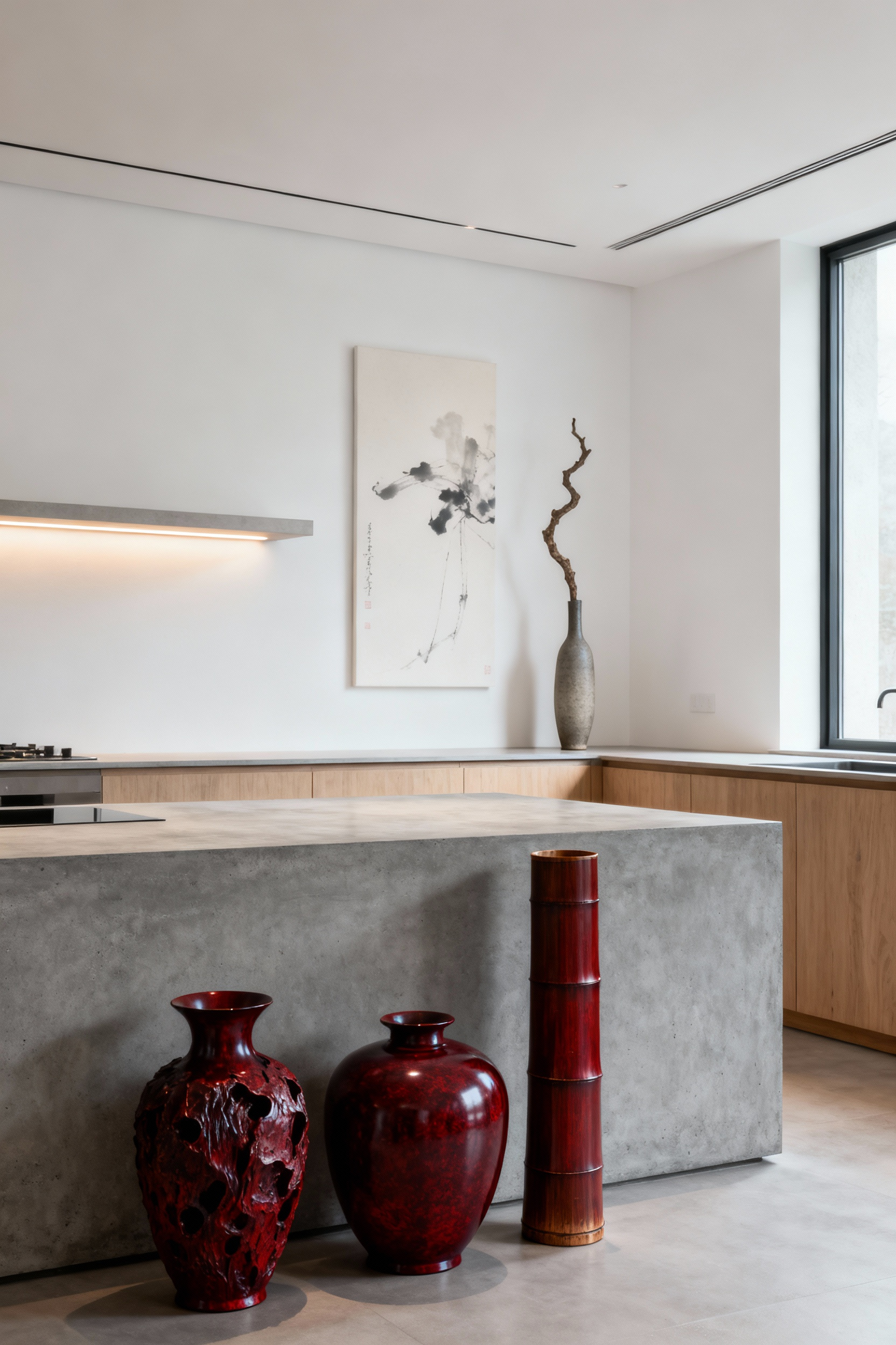 A modern kitchen interior featuring an elegant concrete island with three deep-red Vietnamese bamboo lacquered vessels, illuminated by natural light and soft LED strips, showcasing sophisticated curated artistry and object placement for an Asian-European fusion aesthetic.